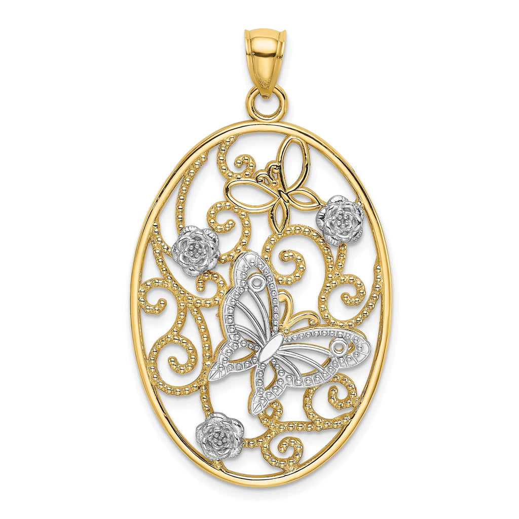 14k Two-Tone w/Rhodium Butterfly and Flowers in Oval Frame Charm