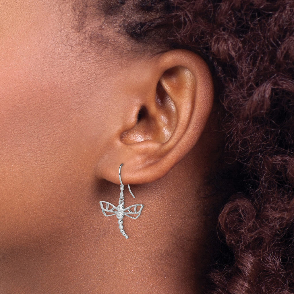 Sterling Silver Rhodium-plated CZ Dragonfly Earrings
