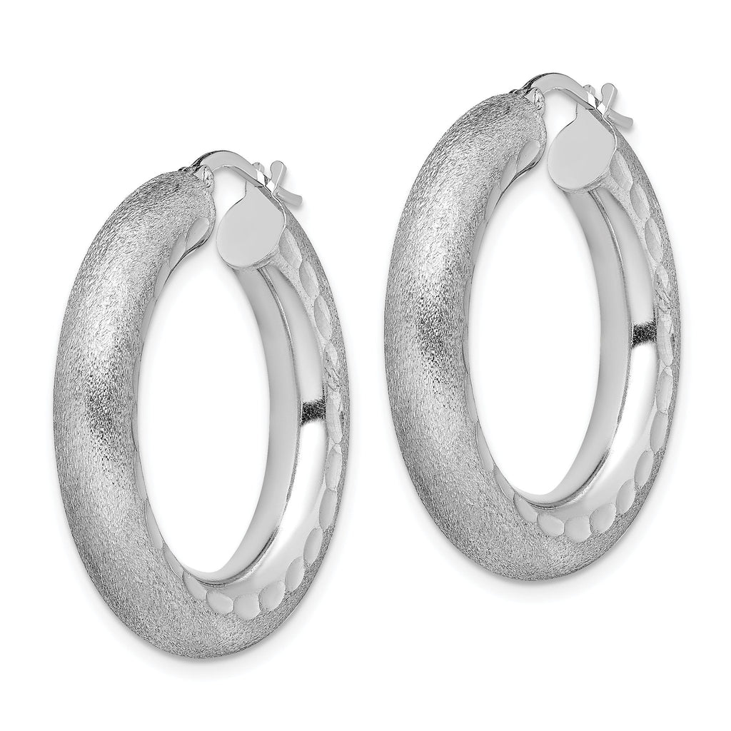 Sterling Silver Rhodium-plated Diamond-cut Polished/Satin 5mm Hoop Earrings