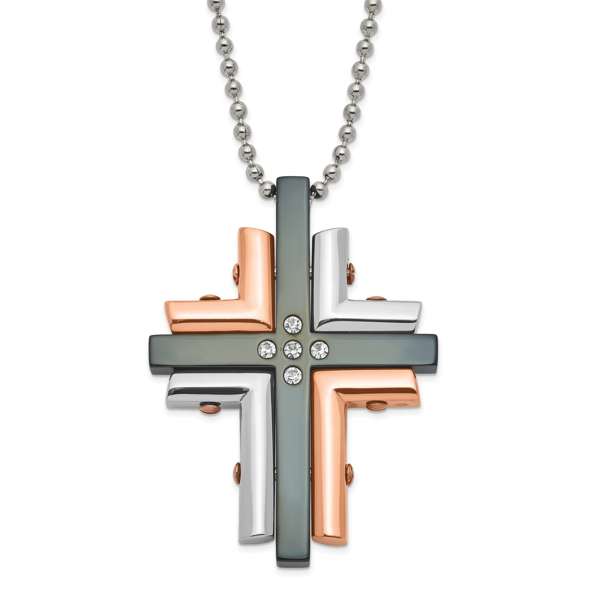 Cross Necklace in Stainless Steel with Black & Pink IP Plating & CZ