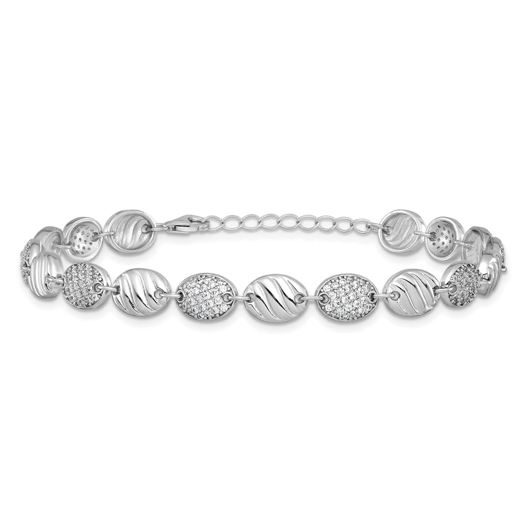 Cheryl M Sterling Silver Rhodium-plated Polished and Grooved CZ Ovals with 1 Inch Extension Bracelet