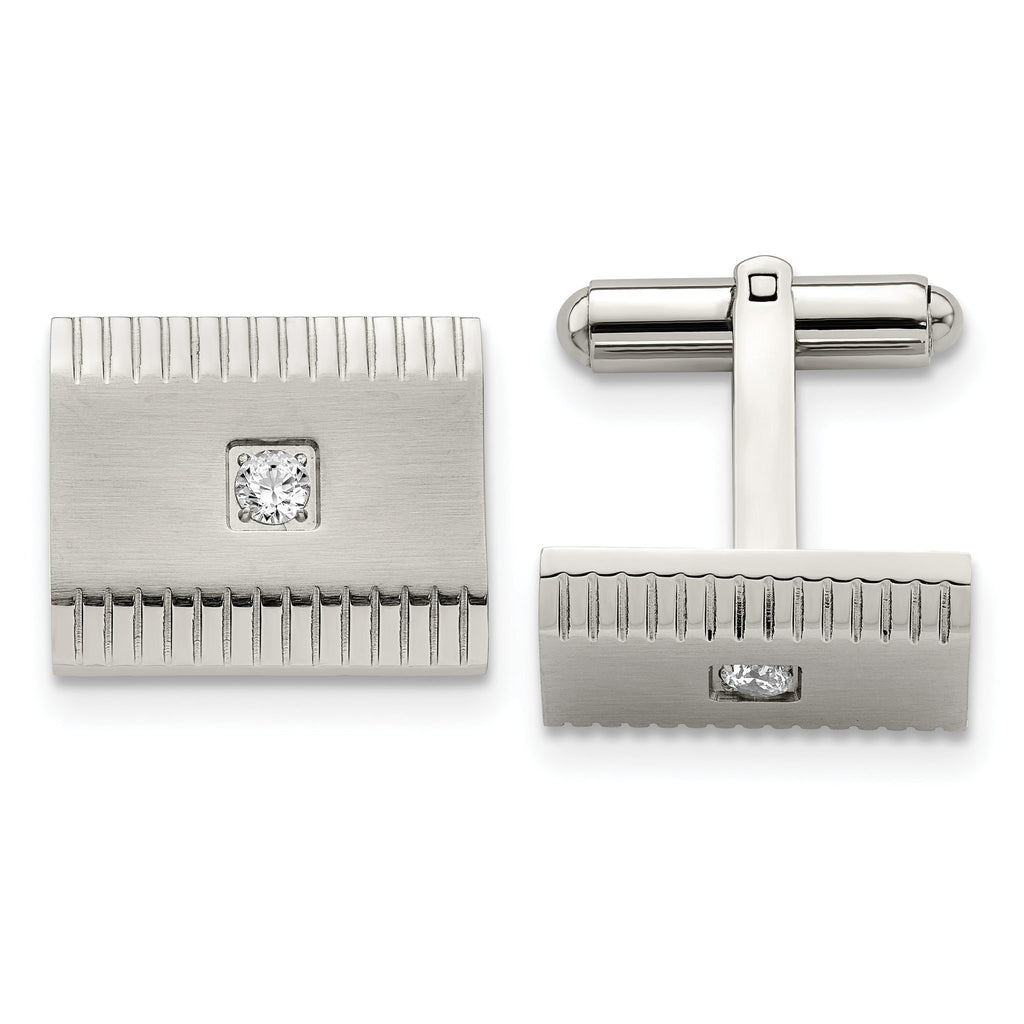 Stainless Steel Brushed & Polished CZ Square Cuff Links