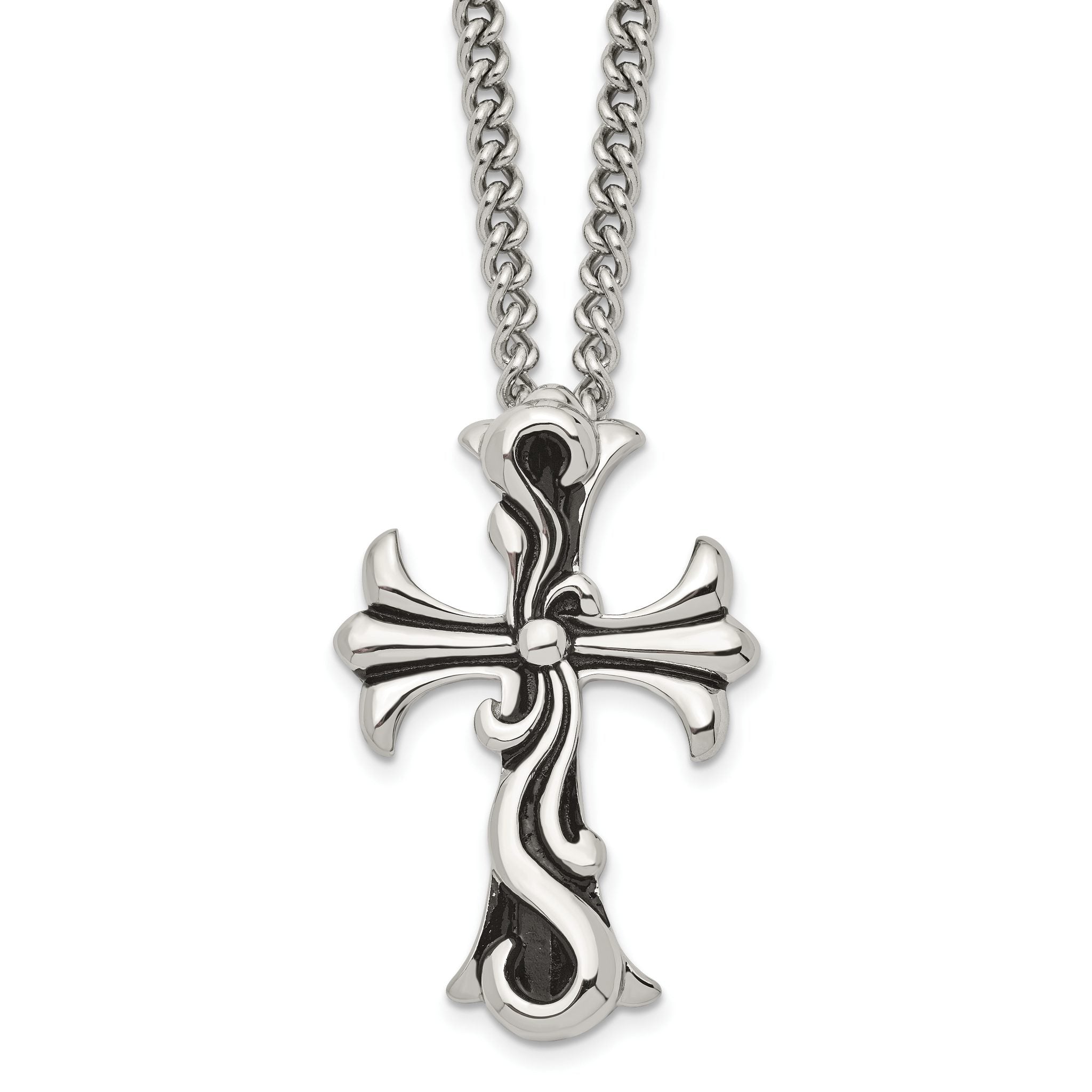 Chisel Stainless Steel Antiqued Polished and Textured Scroll Cross Pendant on a Curb Chain Necklace Main image