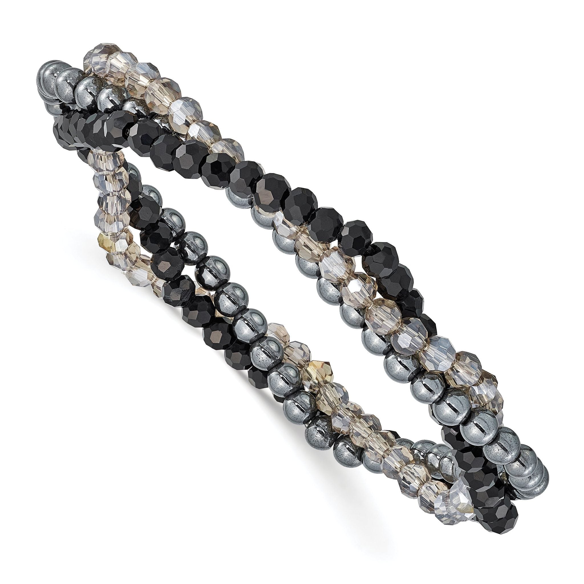 Sterling Silver Black and Smoky Crystal, Hematite 3pce Stretch Bracelet Main image