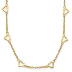 14K Gold Heart Link Necklace with Polished Open Hearts and 17-Station Design