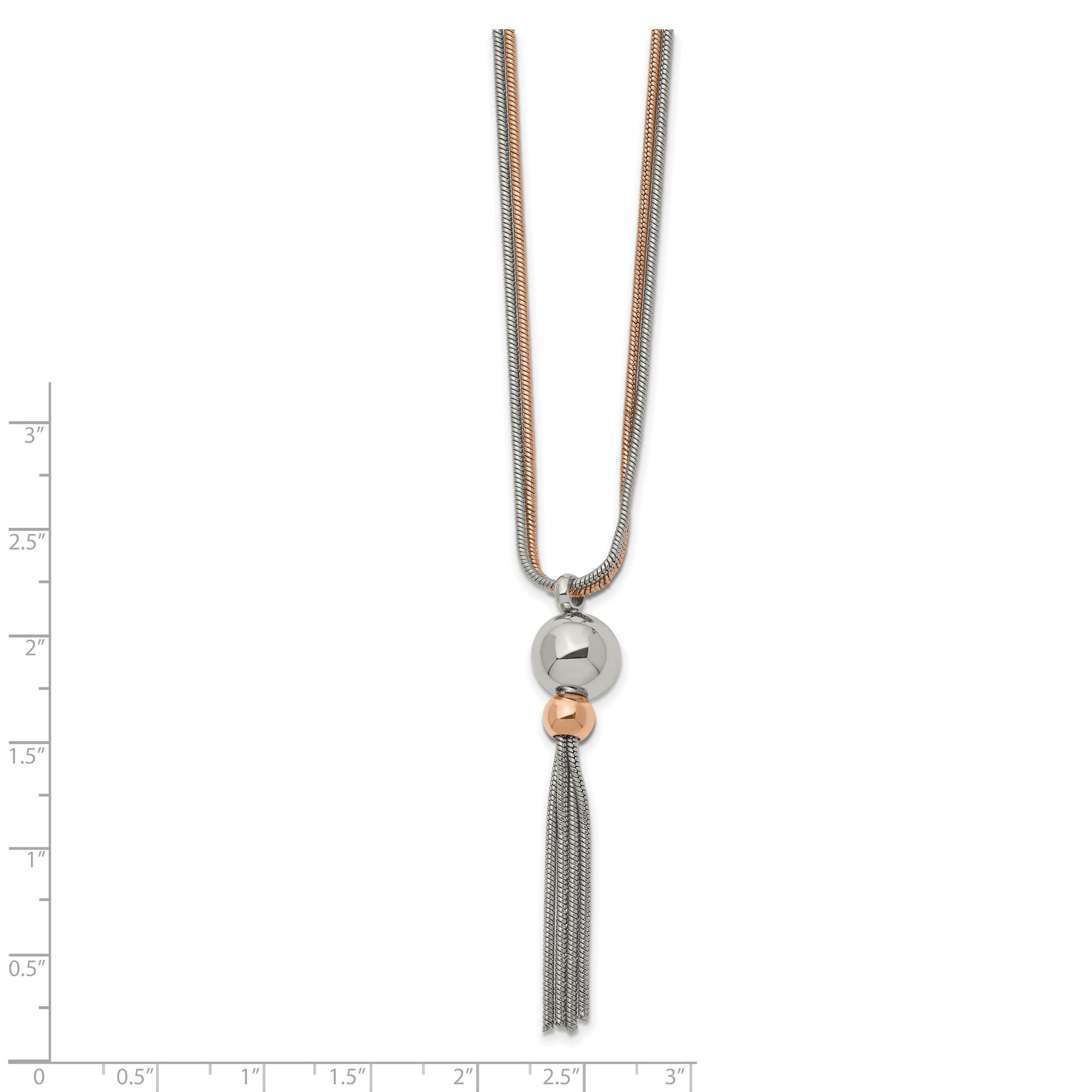 Stainless Steel Polished Rose IP-plated 2-Strand 18.5 inch Tassel Necklace