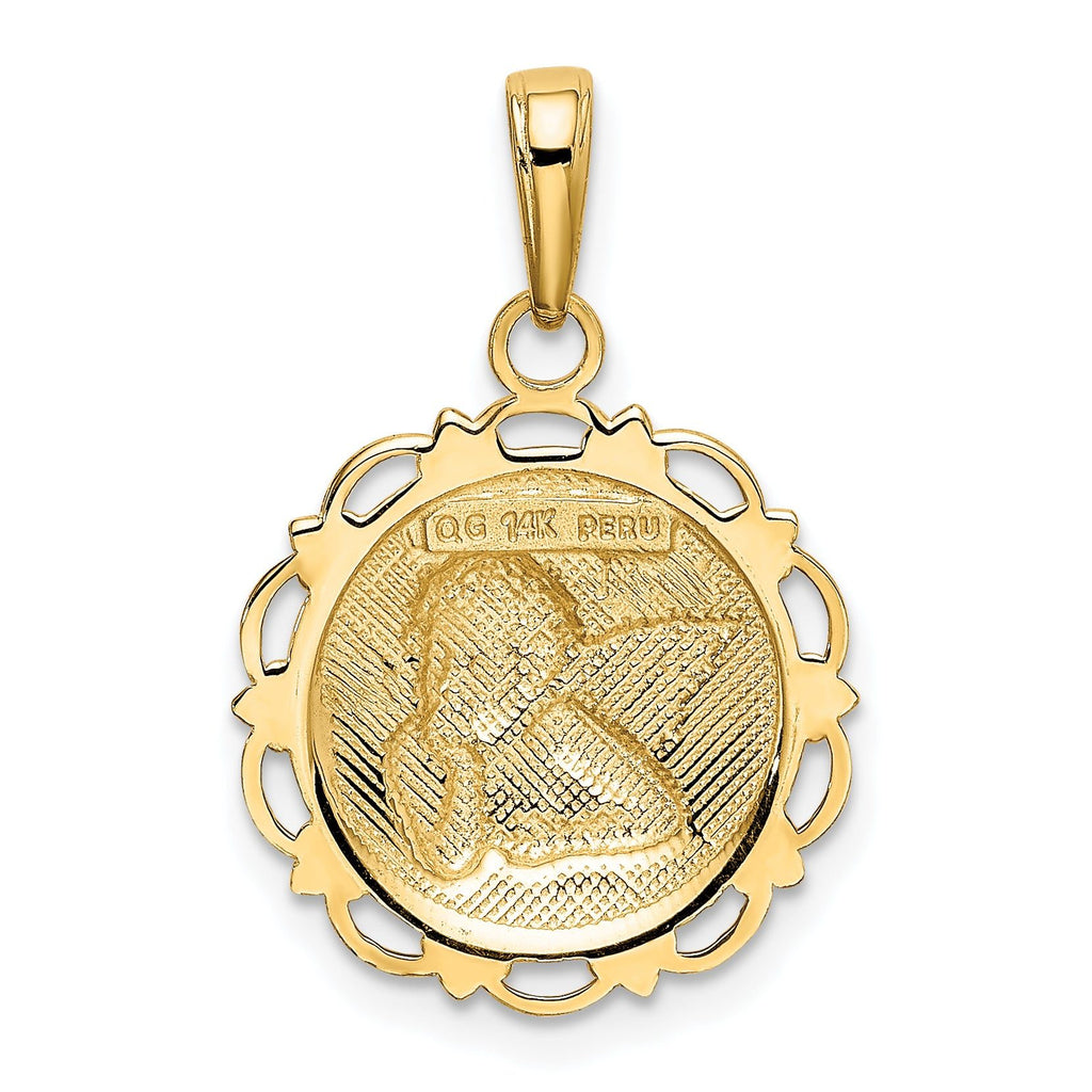 14K Gold Polished Angel Pendant on Scallop Frame  Elegant Casted Design