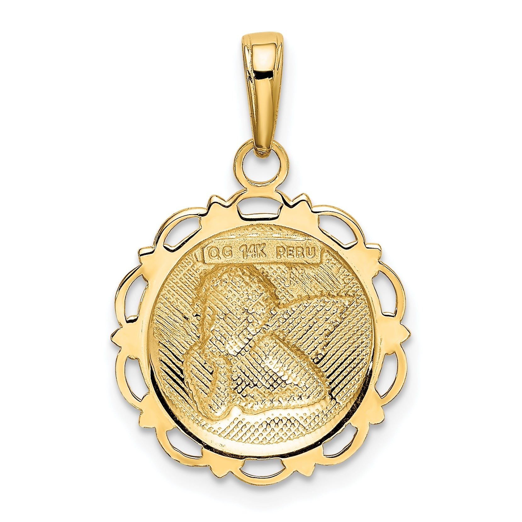 14K Gold Polished Angel Pendant on Scallop Frame  Elegant Casted Design