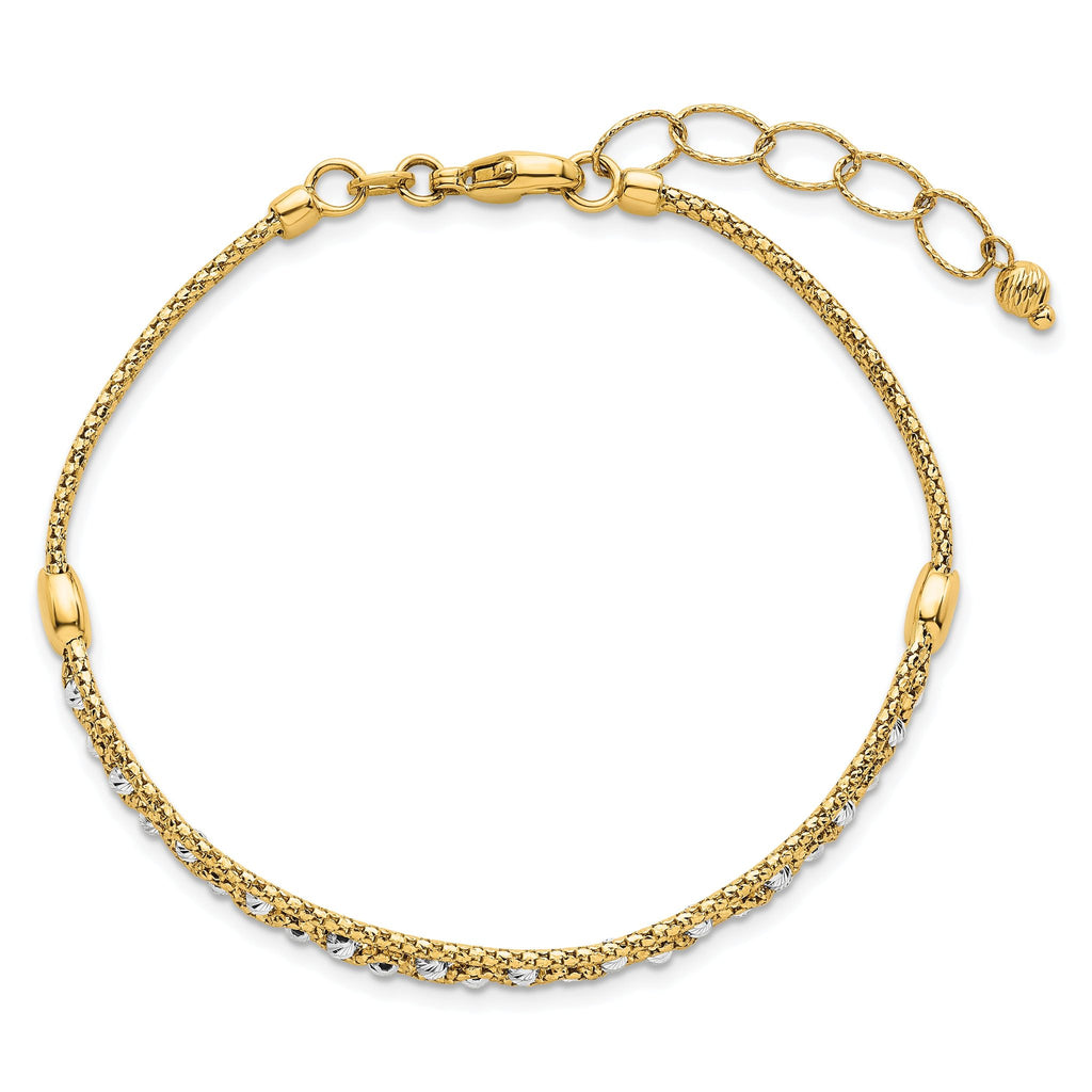 14k Two-Tone Textured Diamond-cut 7mm Beaded 7.5 inch Bracelet Plus 1 inch Extender