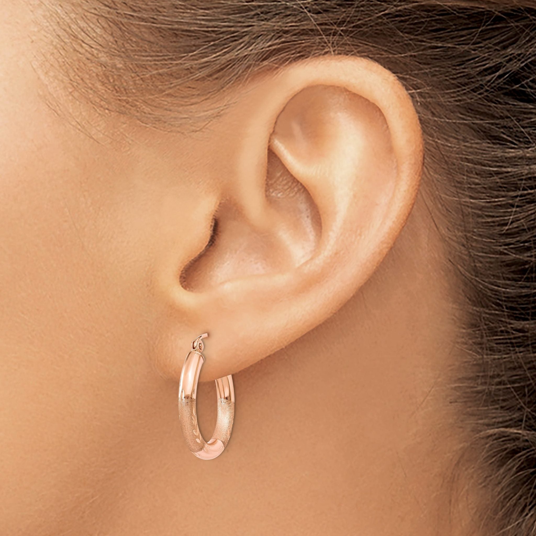 14K Rose Gold Satin Diamond-Cut Hoop Earrings for Women
