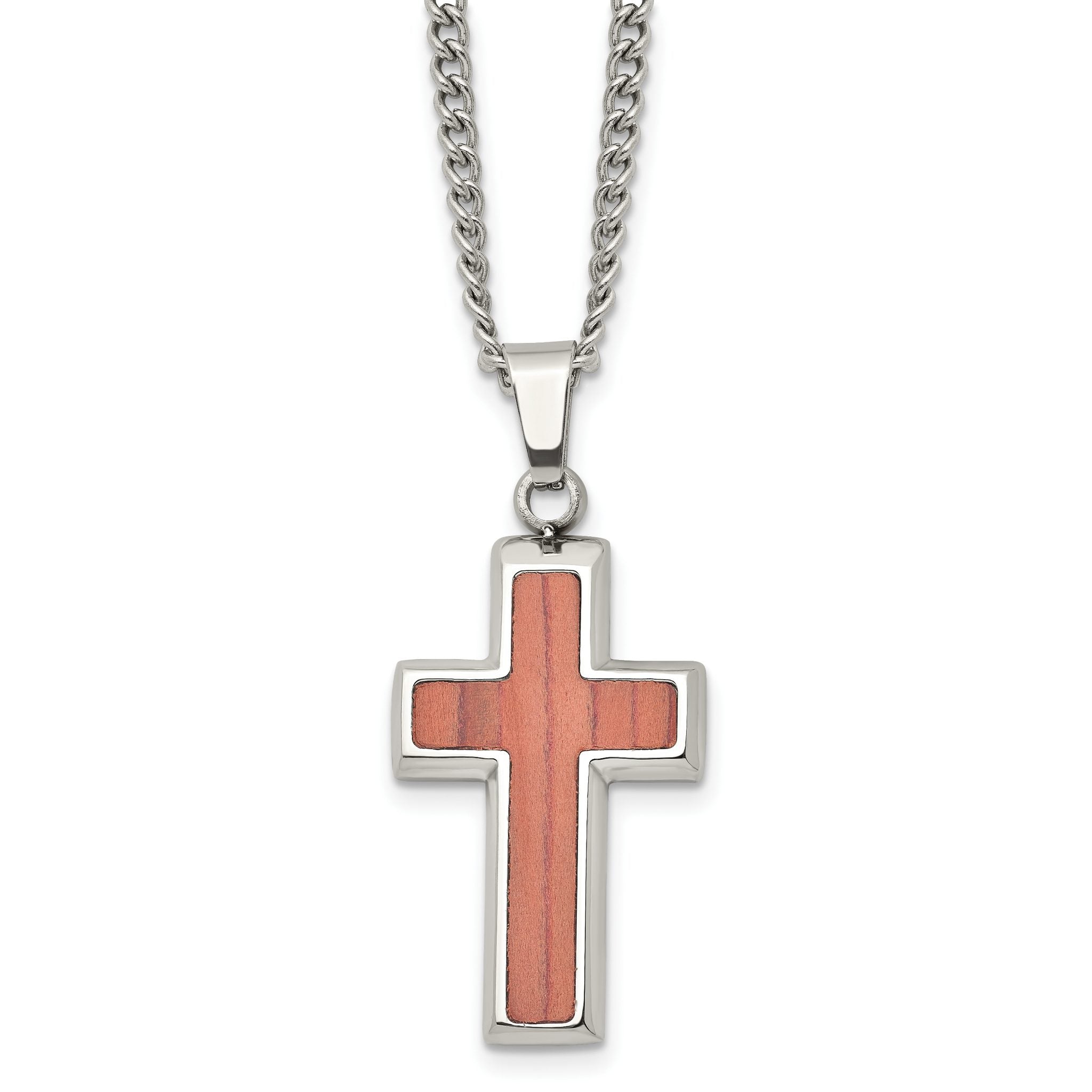 Stainless Steel Polished w/Wood Inlay Cross 24in Necklace Main image