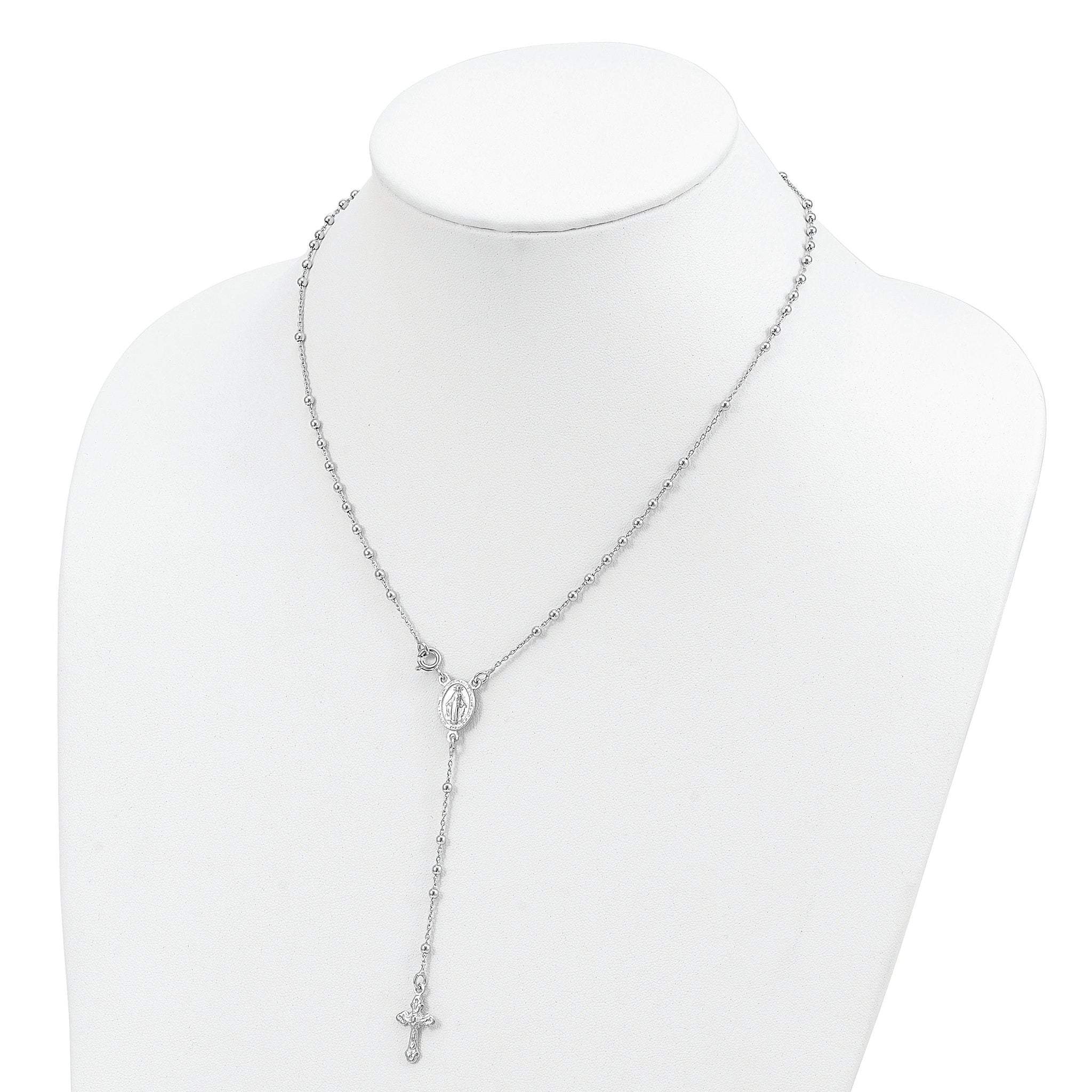 Sterling Silver Rhodium-Plated Beaded Rosary Necklace for Women Polished Elegance