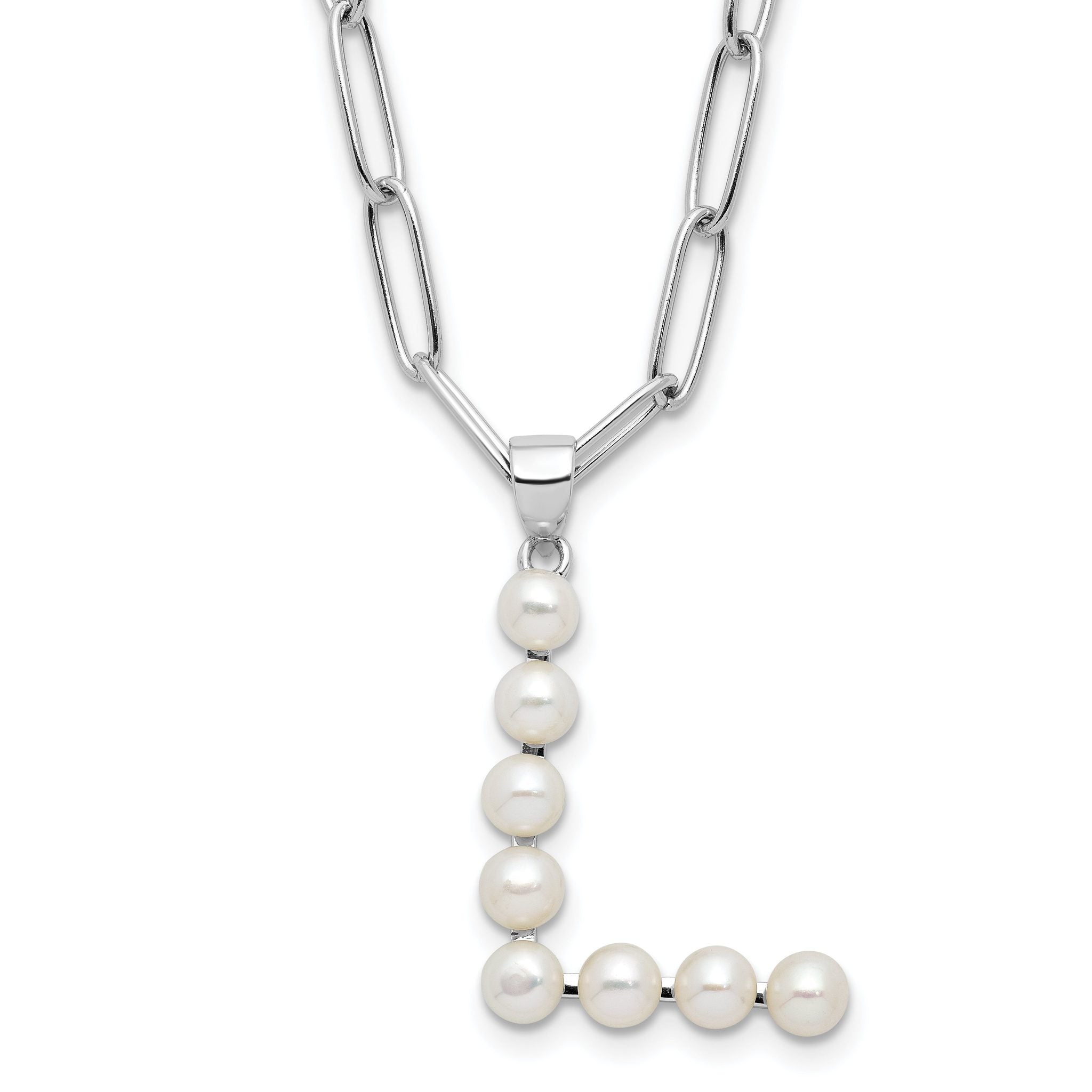 Sterling Silver Rhodium-Rhodium-Plated 3-5.5mm White Button Freshwater Cultured Pearl LETTER L 18 inch Necklace Main image