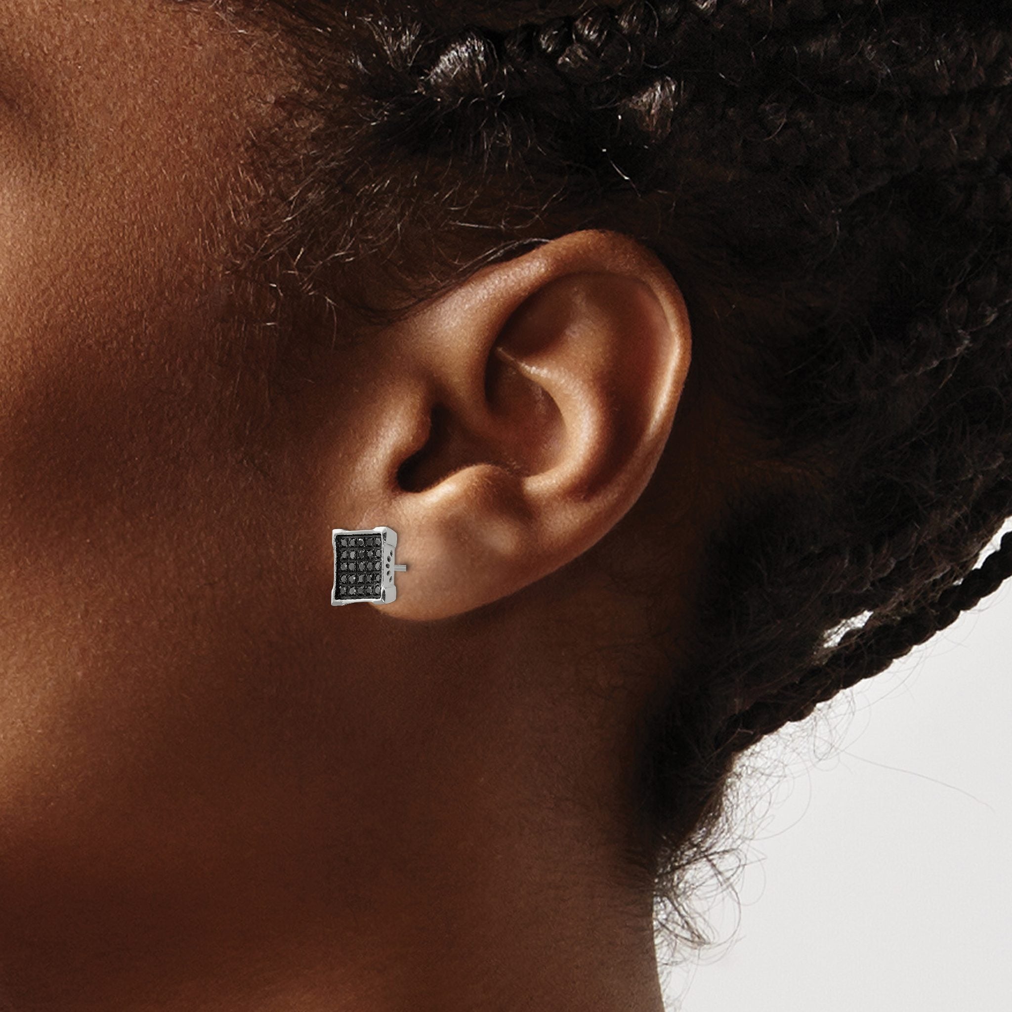 Stainless Steel Polished Square Black Diamond Cluster Button Earrings