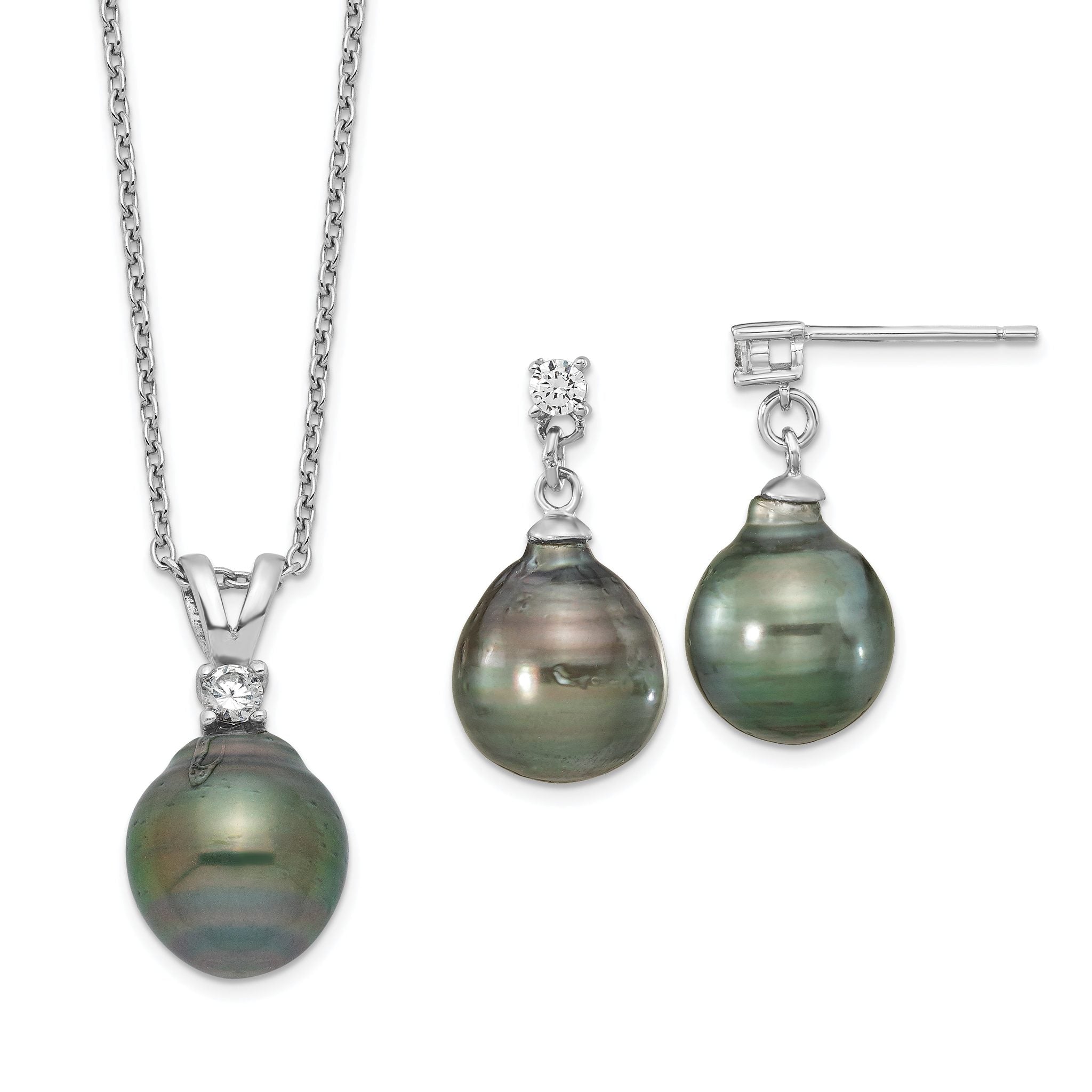 Sterling Silver Rhodium-plated 9-10mm Black Teardrop Tahitian Saltwater Cultured Pearl and CZ 17 inch Necklace and Post Dangle Earrings Set Main image