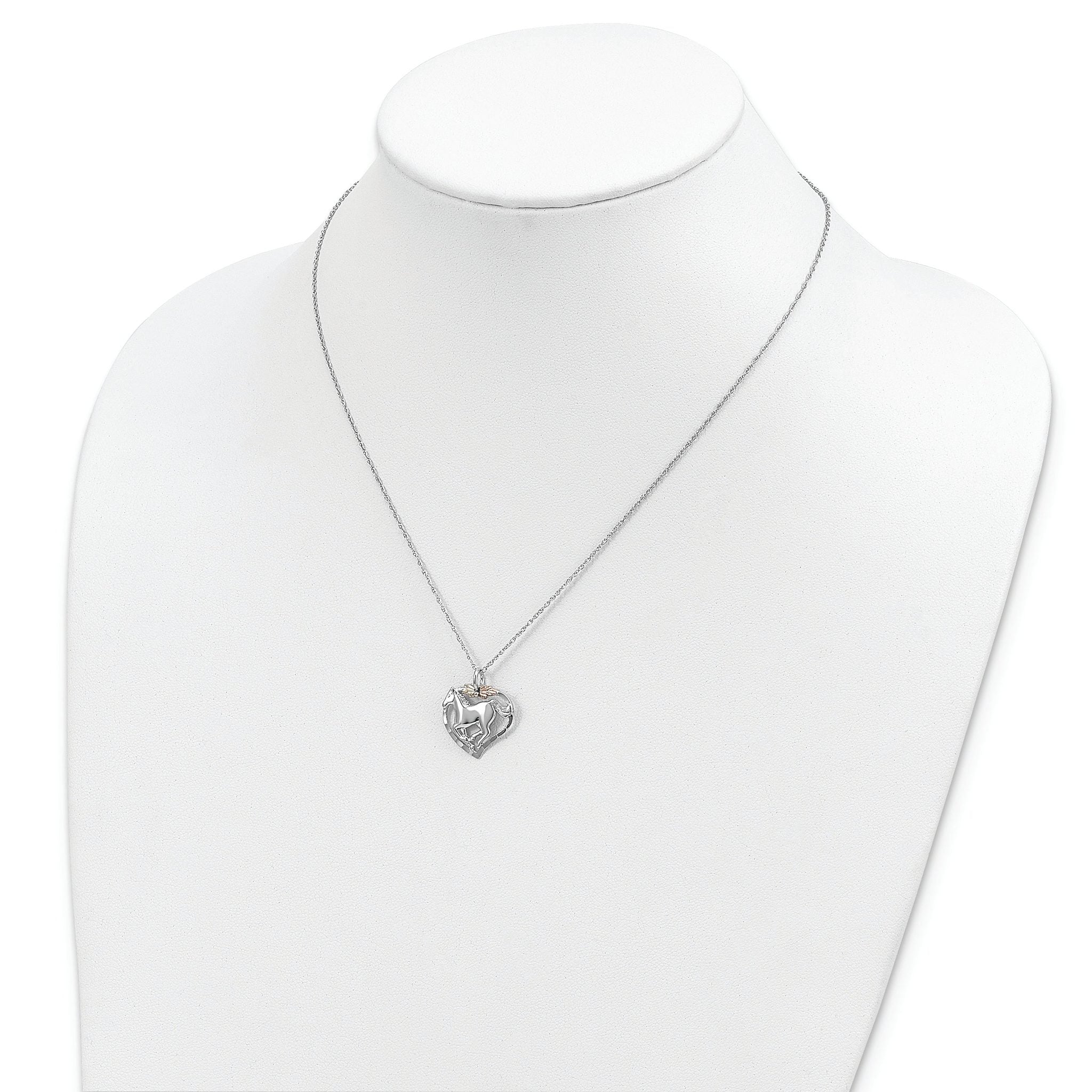 Sterling Silver 12K Gold Horse Heart Necklace with Rhodium Finish