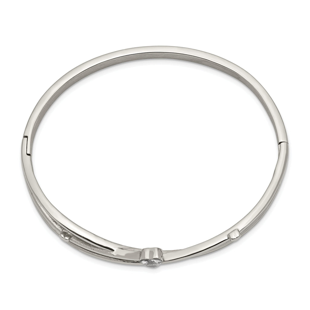 Stainless Steel Polished Heart Cubic Zirconia Hinged Bangle Bracelet for Women