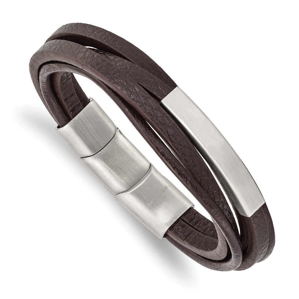 Stainless Steel Brushed Multi Strand Brown PU Leather ID Bracelet with . Extension