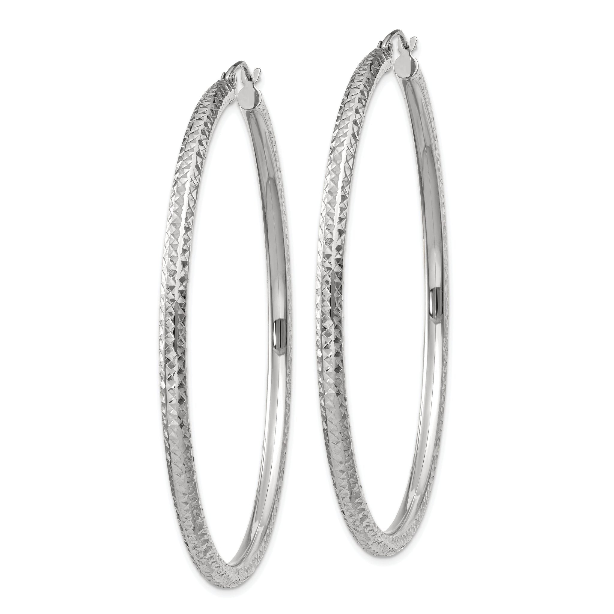 14k White Gold Diamond-cut 3mm Round Hoop Earrings Secondary image