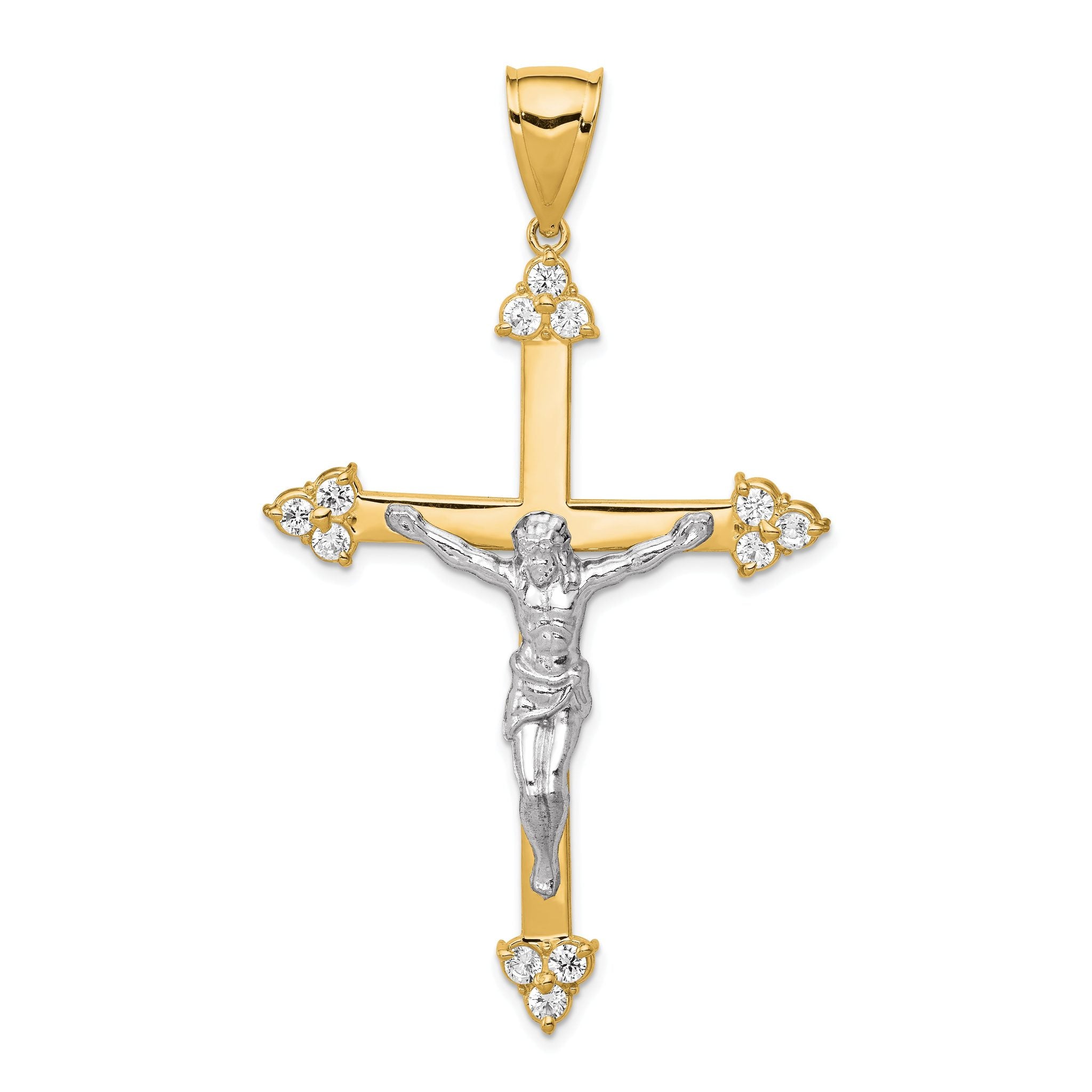 10K Gold CZ Crucifix Pendant with Polished Rhodium Accents  63mm Elegant Design Main image