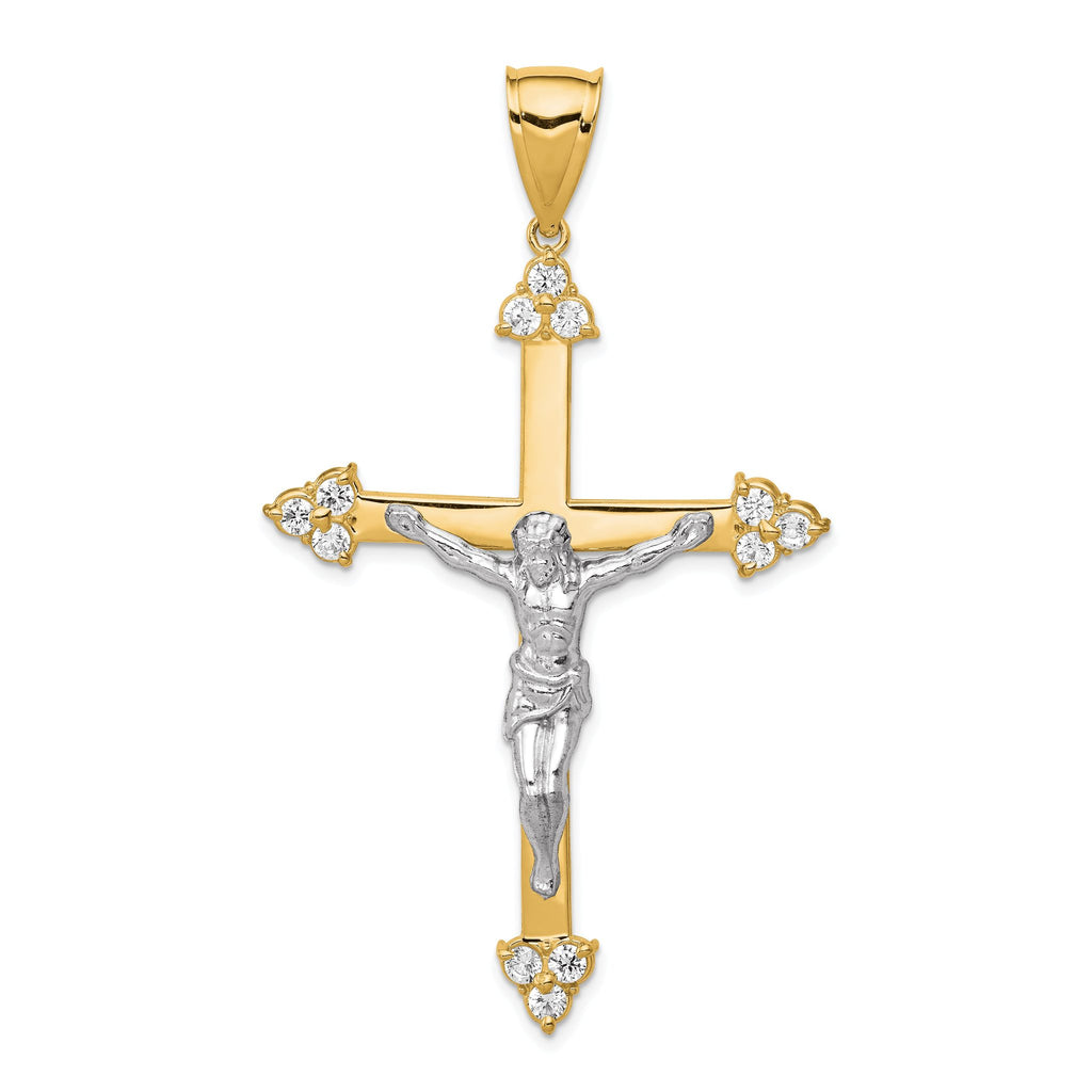 10K Gold CZ Crucifix Pendant with Polished Rhodium Accents  63mm Elegant Design