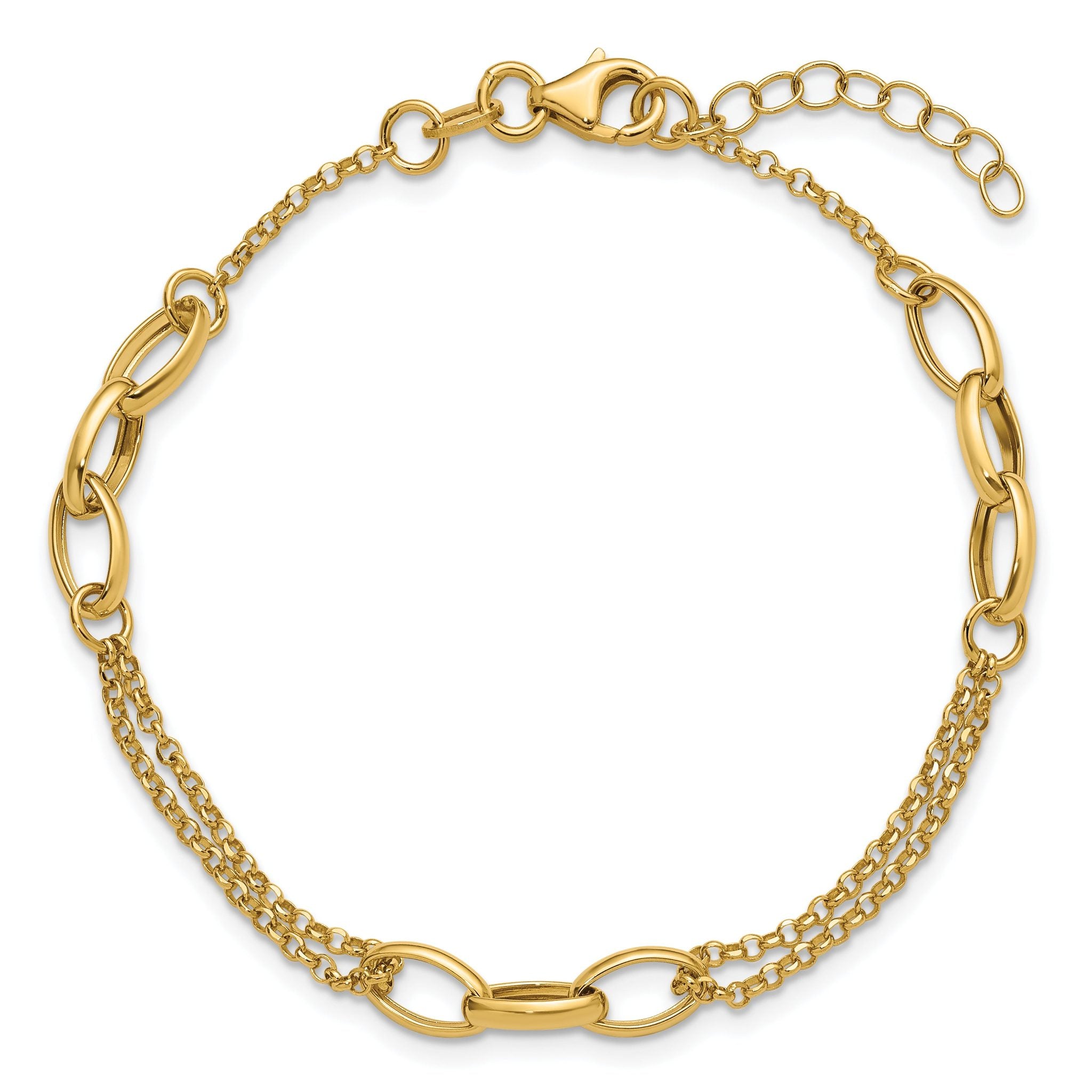 14K Polished Fancy 2-Strand Oval Links w/1in ext. Bracelet