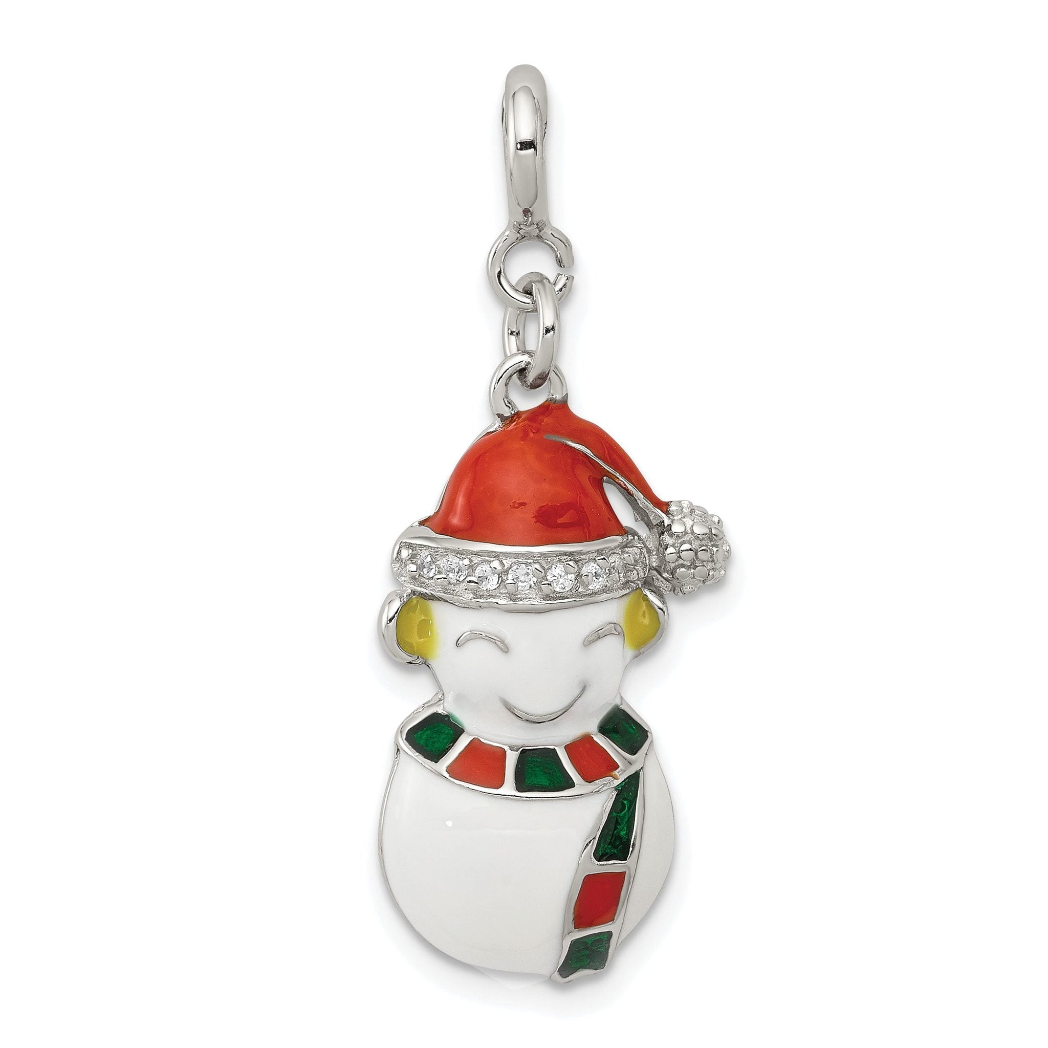 Sterling Silver CZ Snowman Charm with Enamel Detailing