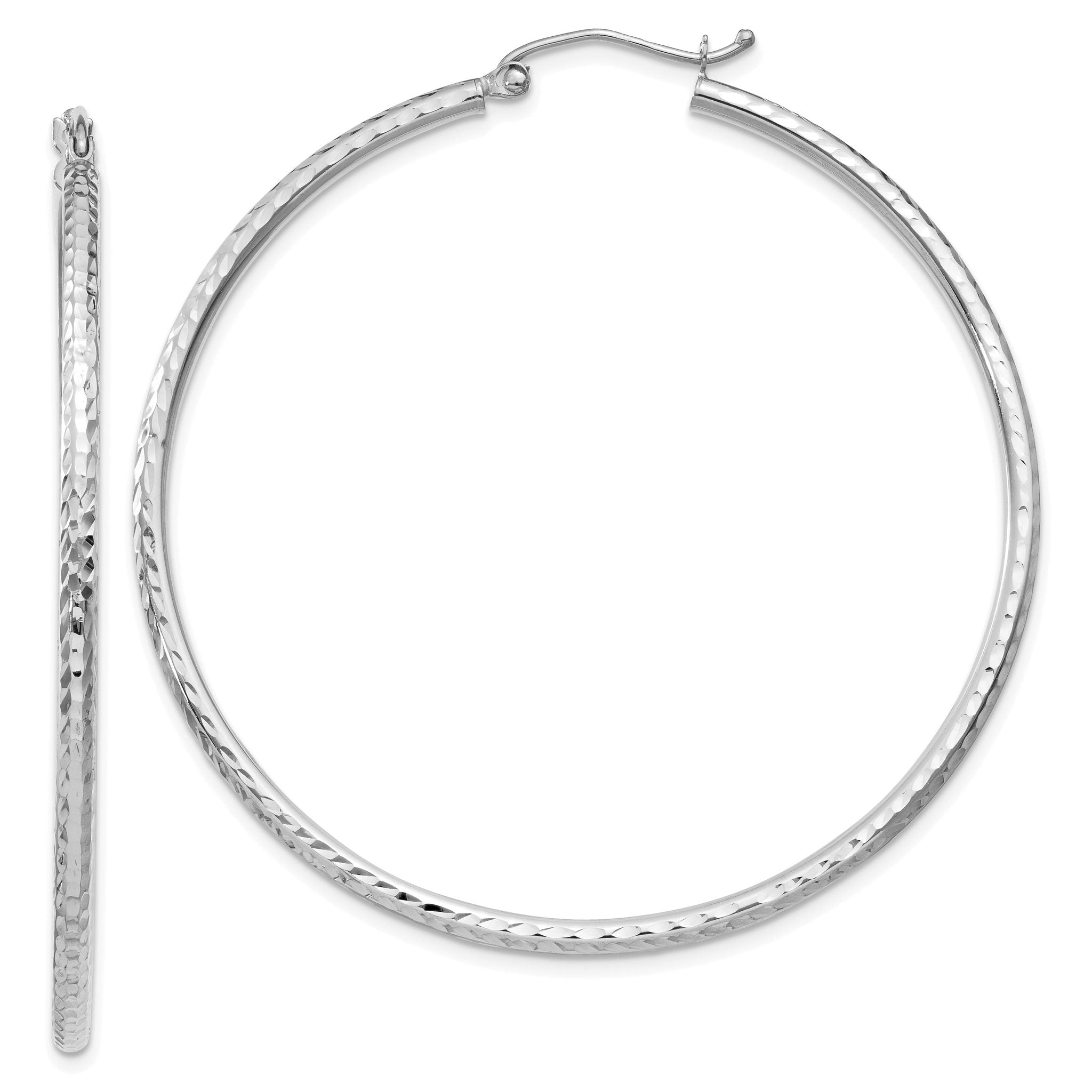 14k White Gold Diamond-cut 2mm Round Tube Hoop Earrings Main image