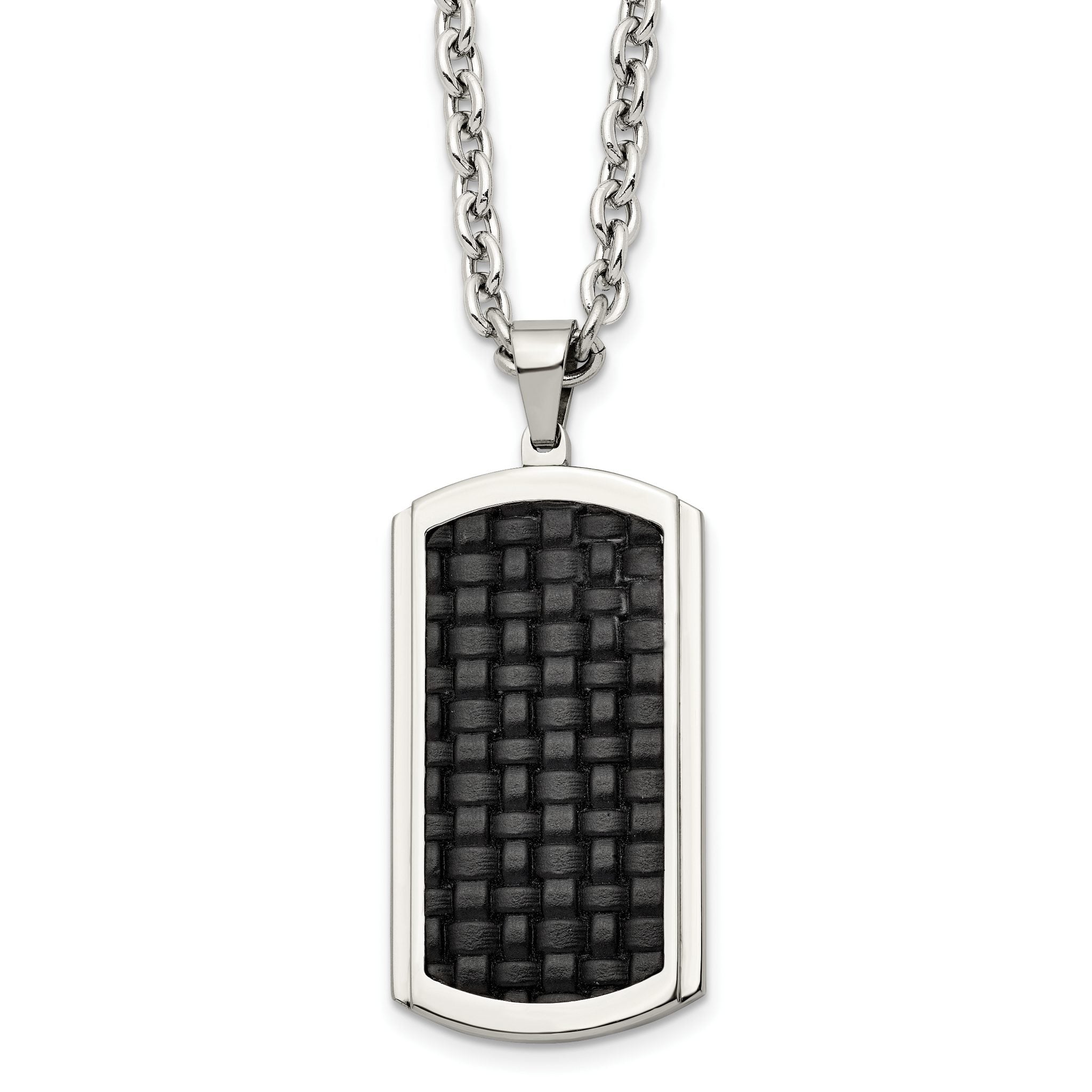 Stainless Steel Polished & Textured Leather Inlay Dog Tag 24in Necklace Main image