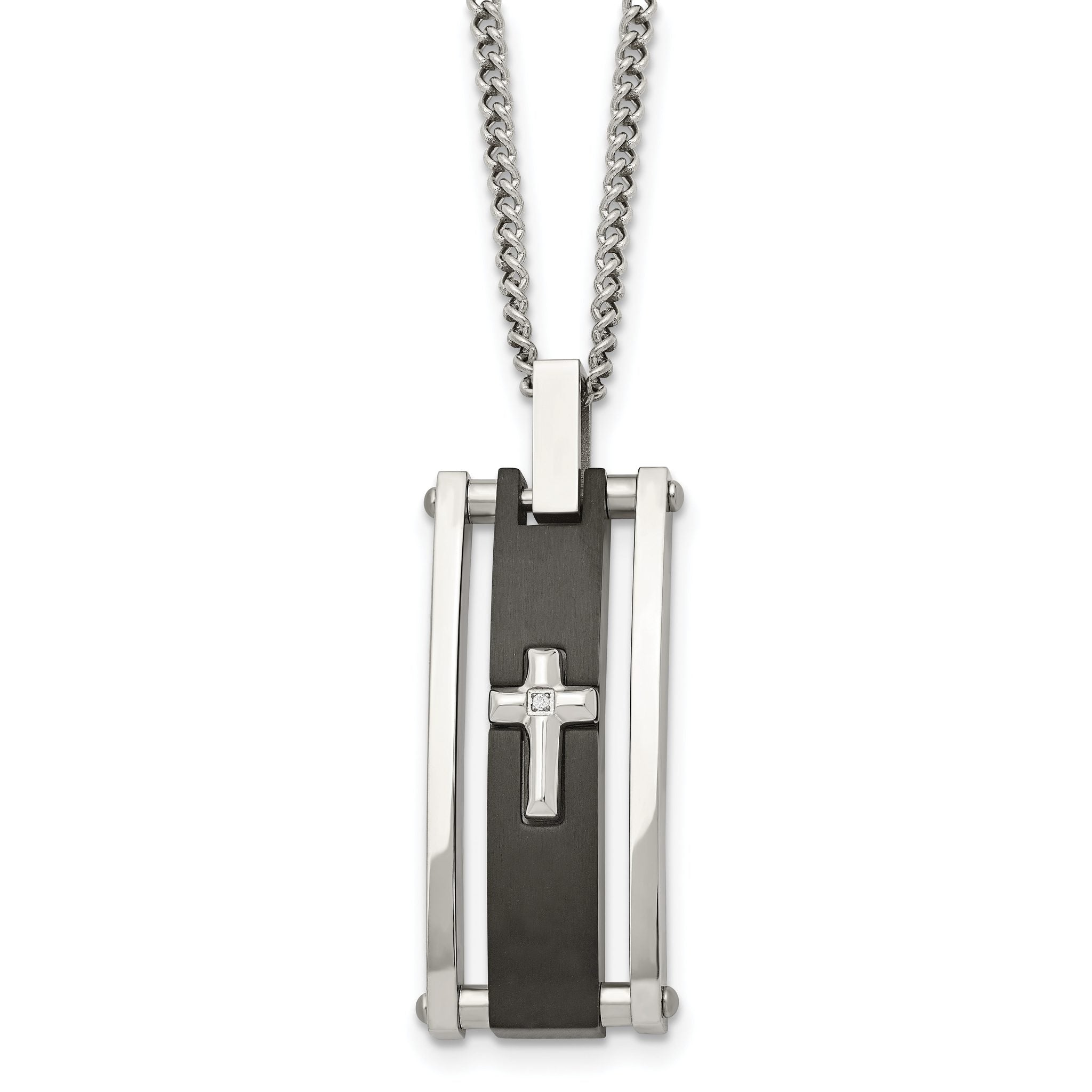 Chisel Stainless Steel Polished Black IP-plated with CZ Cross Pendant on a 22 inch Curb Chain Necklace Main image