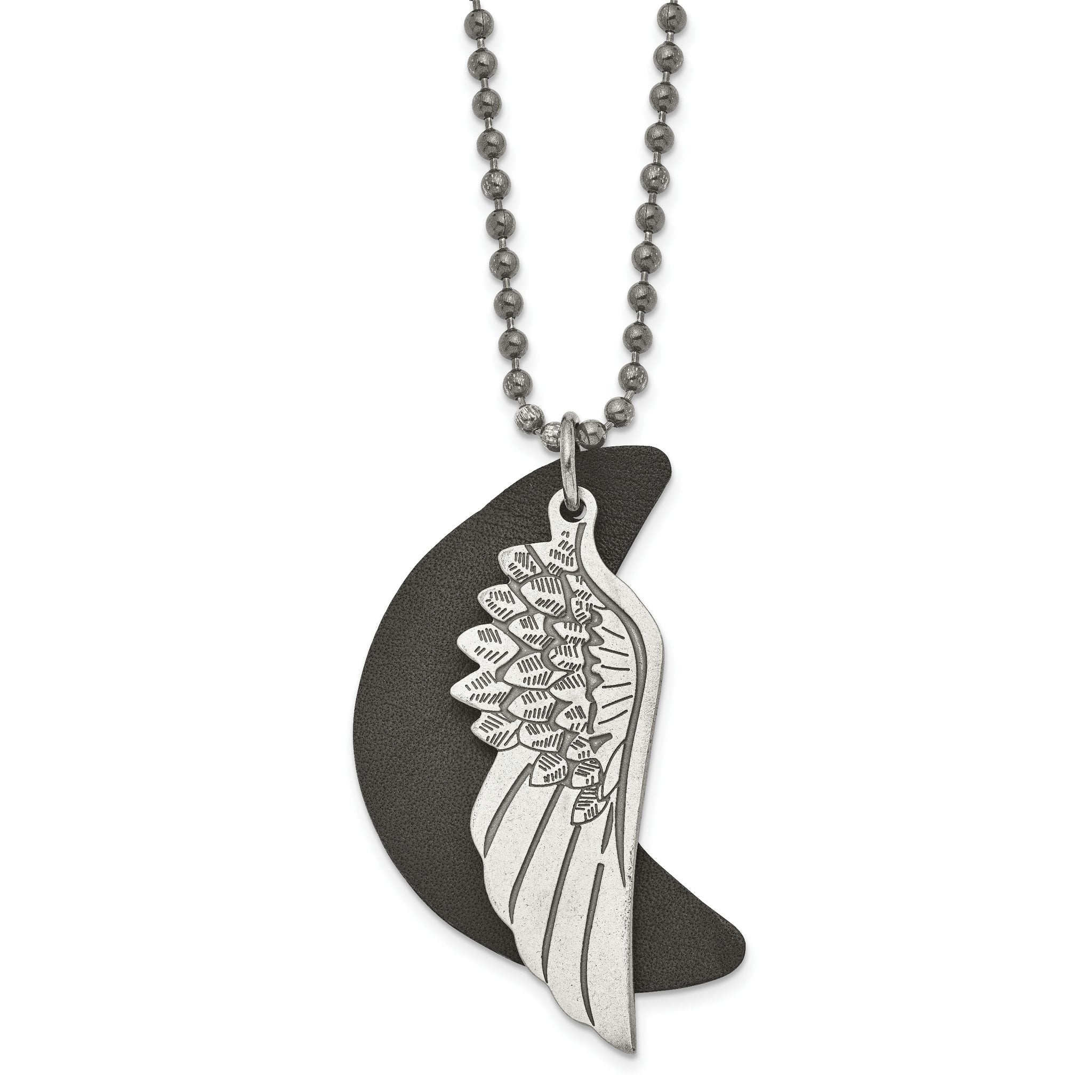 Wing & Moon Pendant Necklace in Stainless Steel with Leather Cord Main image