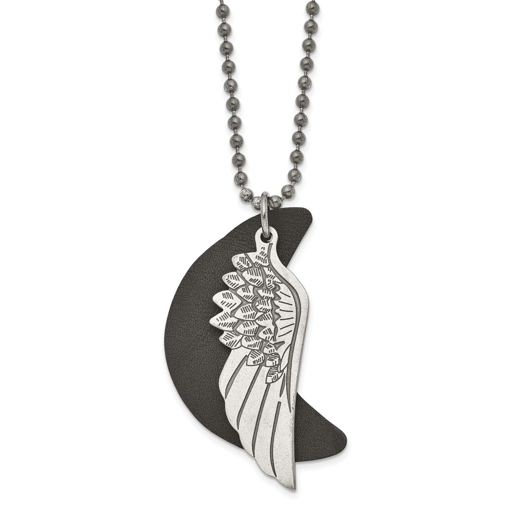 Wing & Moon Pendant Necklace in Stainless Steel with Leather Cord