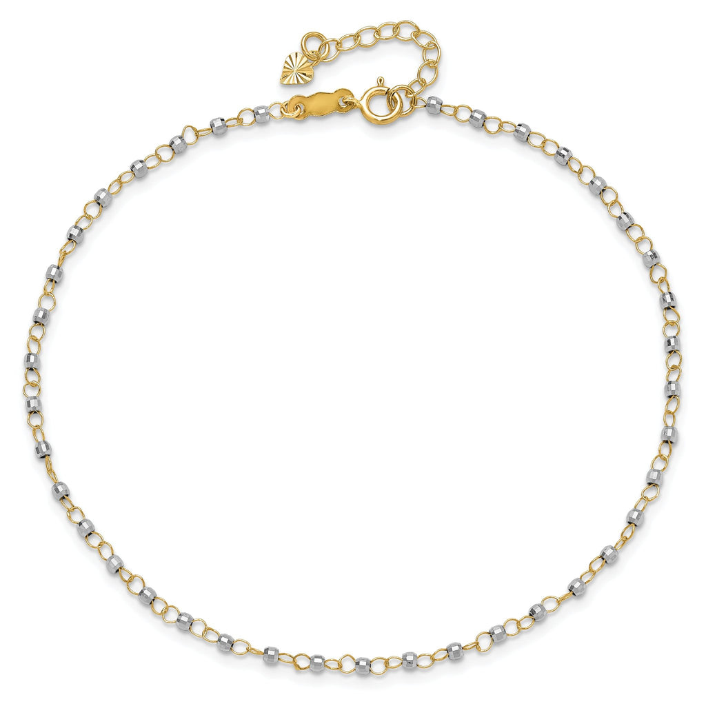 14K Two-tone Chain with Mirror Beads 9 inch Plus 1 inch Extender - Total 10 inch Anklet