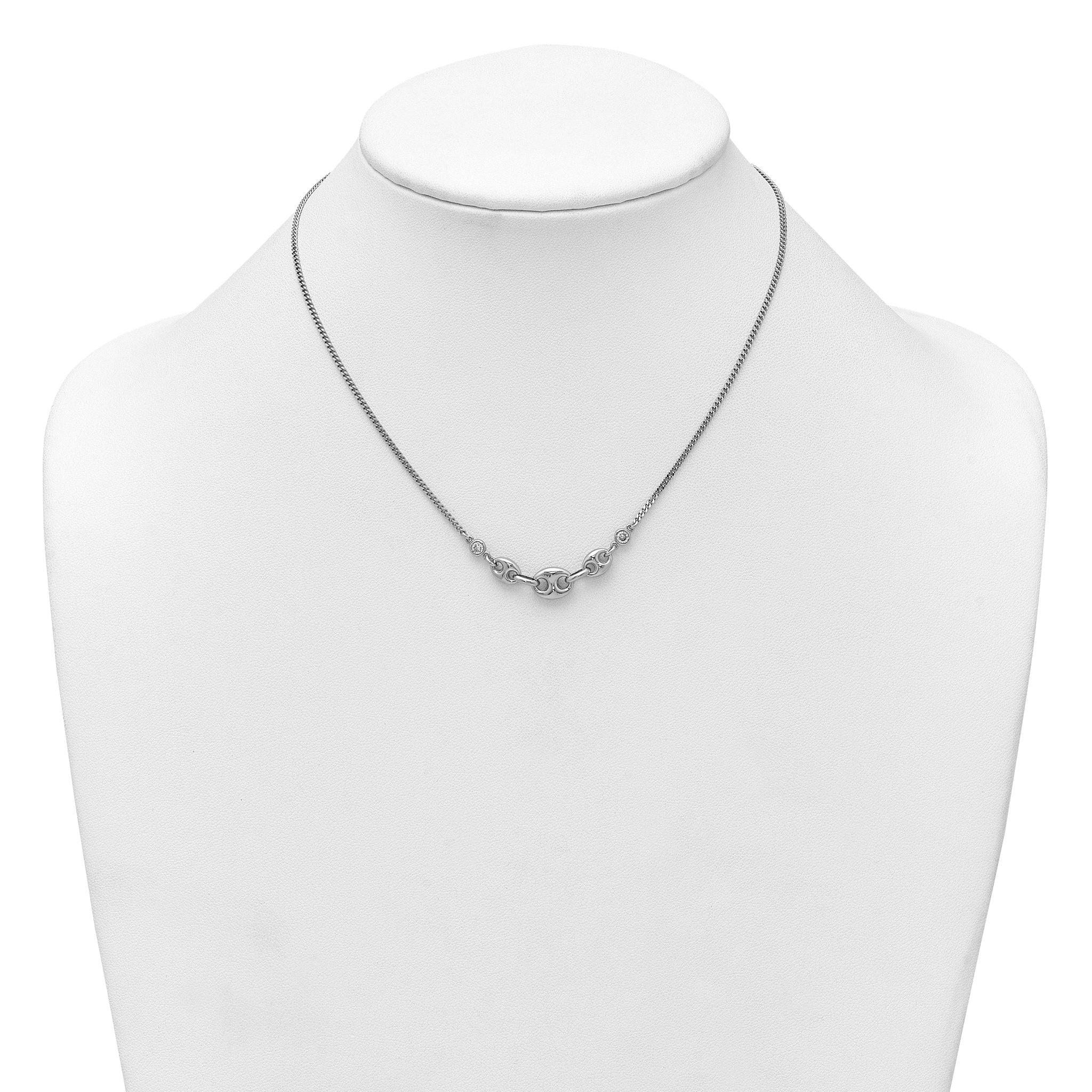 Sterling Silver Rhodium-plated Puffed Mariner Center with Side CZs 16 inch with 2 inch Extender Necklace