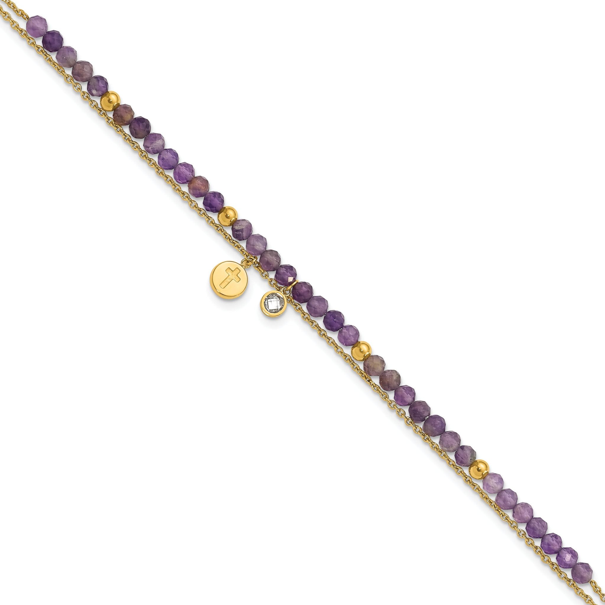 Amethyst & Crystal Cross Anklet in Gold-Tone Stainless Steel