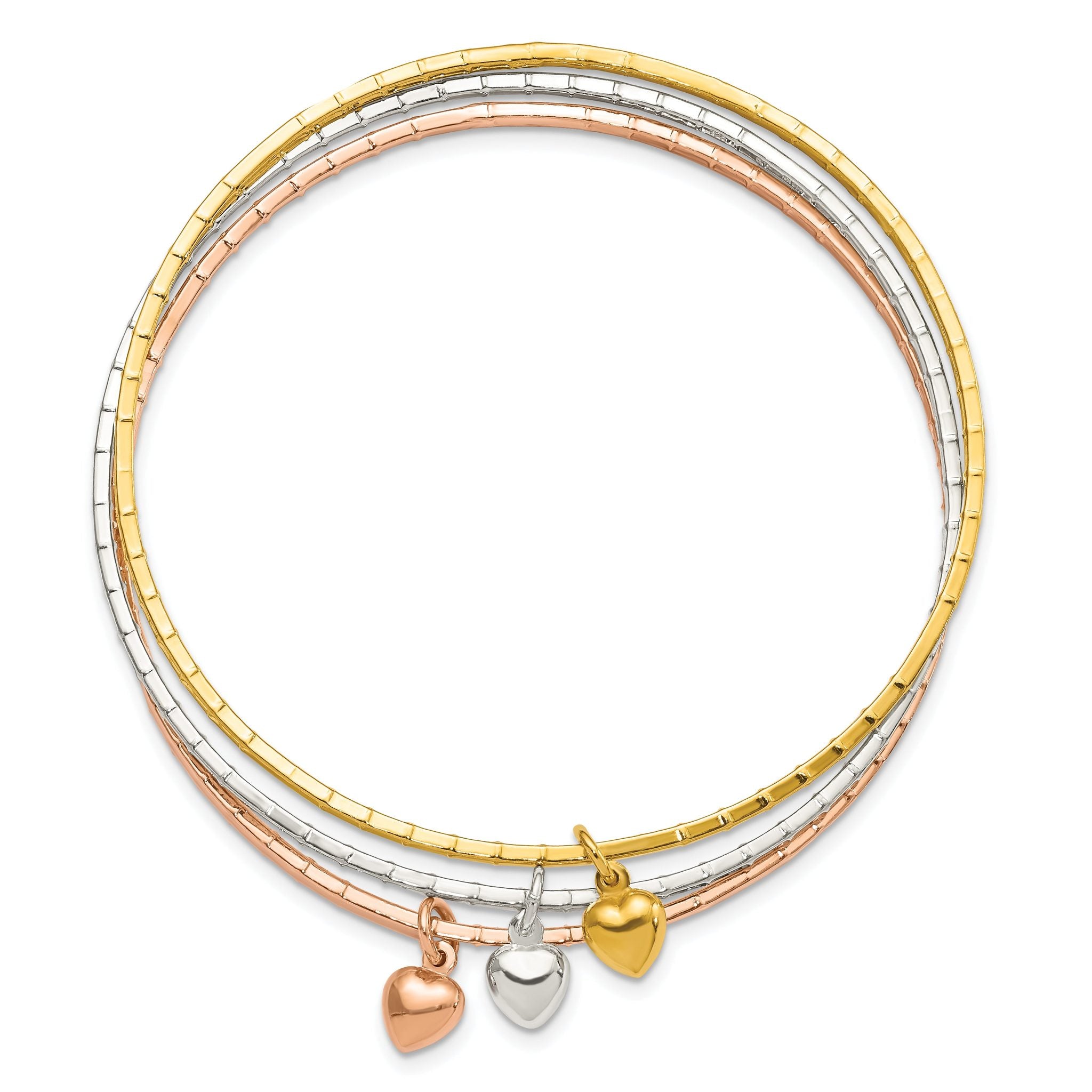 Sterling Silver/Gold-tone/Rose-tone w/Puffed Heart Bangle Set Secondary image