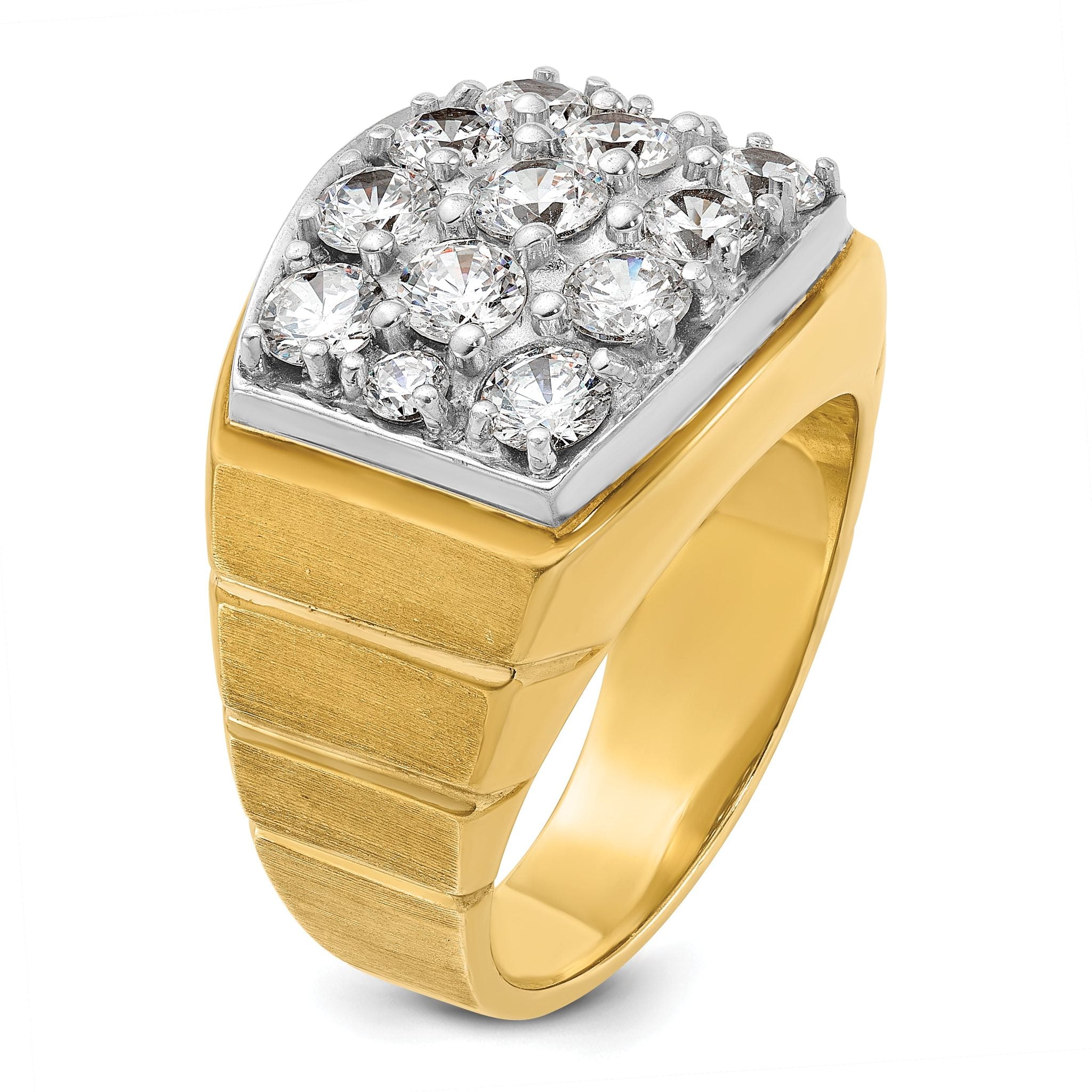 14k Two-tone Men's Polished Satin and Grooved 3 Carat AA Quality Diamond Cluster Ring