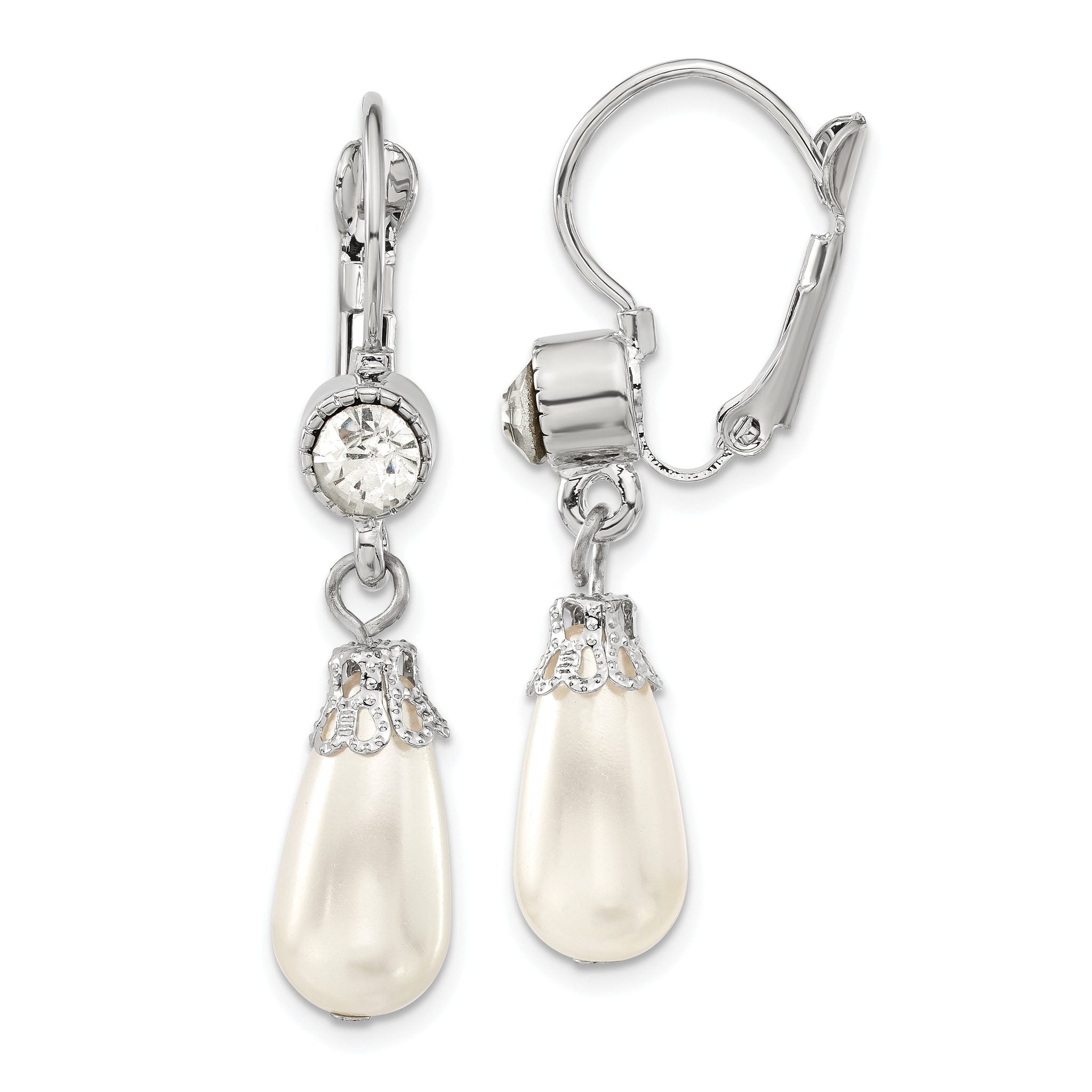 1928 Jewelry Silver-tone Clear Crystal Imitation Pearl Teardrop Dangle Leverback Earrings Main image