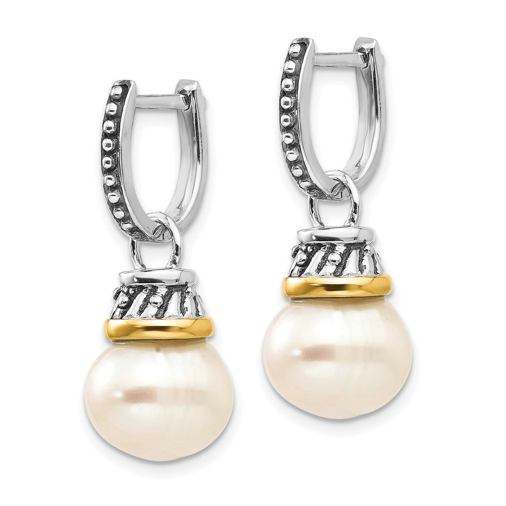 Sterling Silver 14K Gold Pearl Diamond Hoop Dangle Earrings Elegant Design