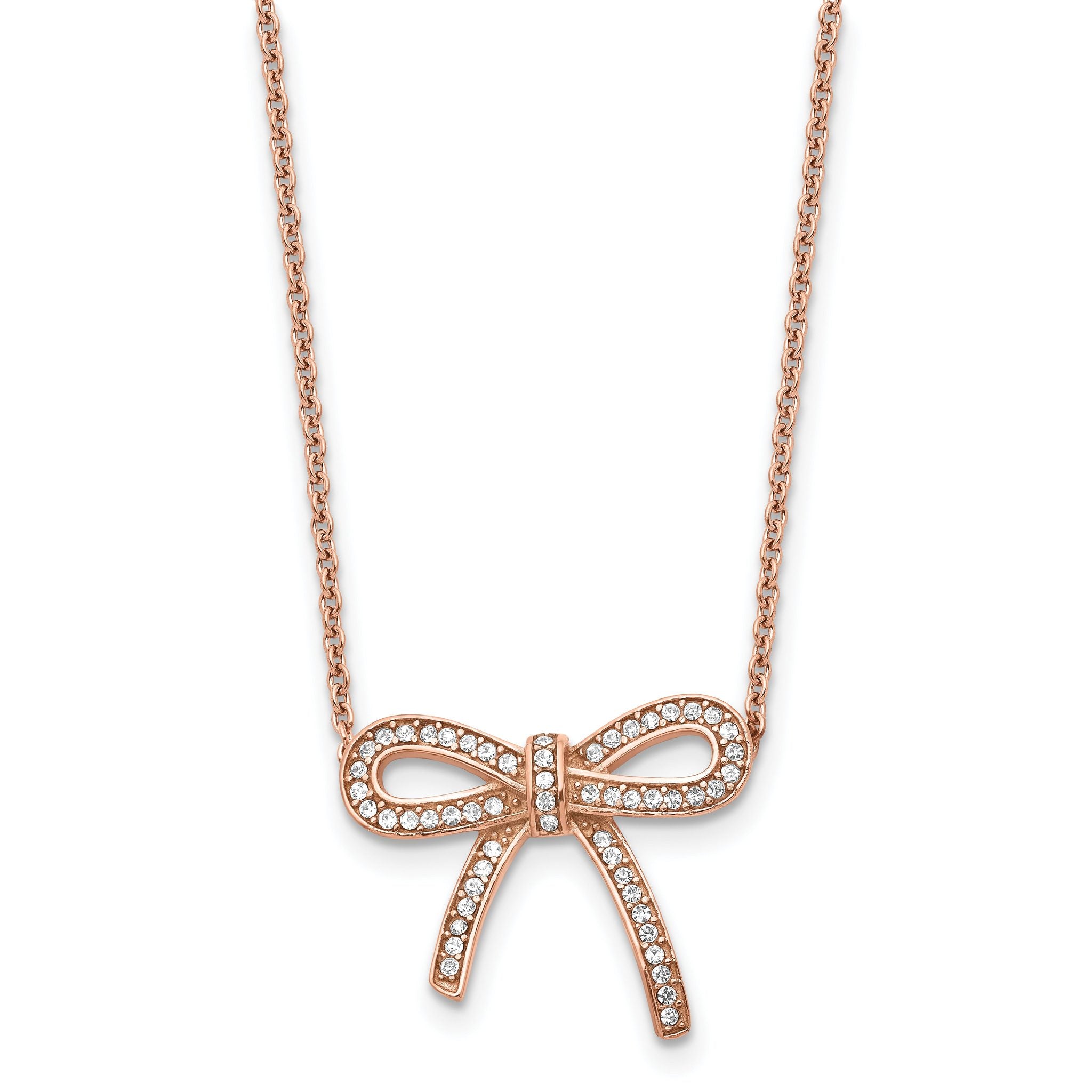 Stainless Steel Polished Rose IP-plated Crystal Bow w/1.75in ext Necklace Main image