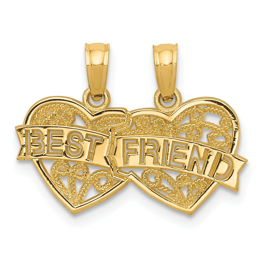 14K Gold Breakable Best Friend Double Hearts Pendant  Polished & Brushed Finish