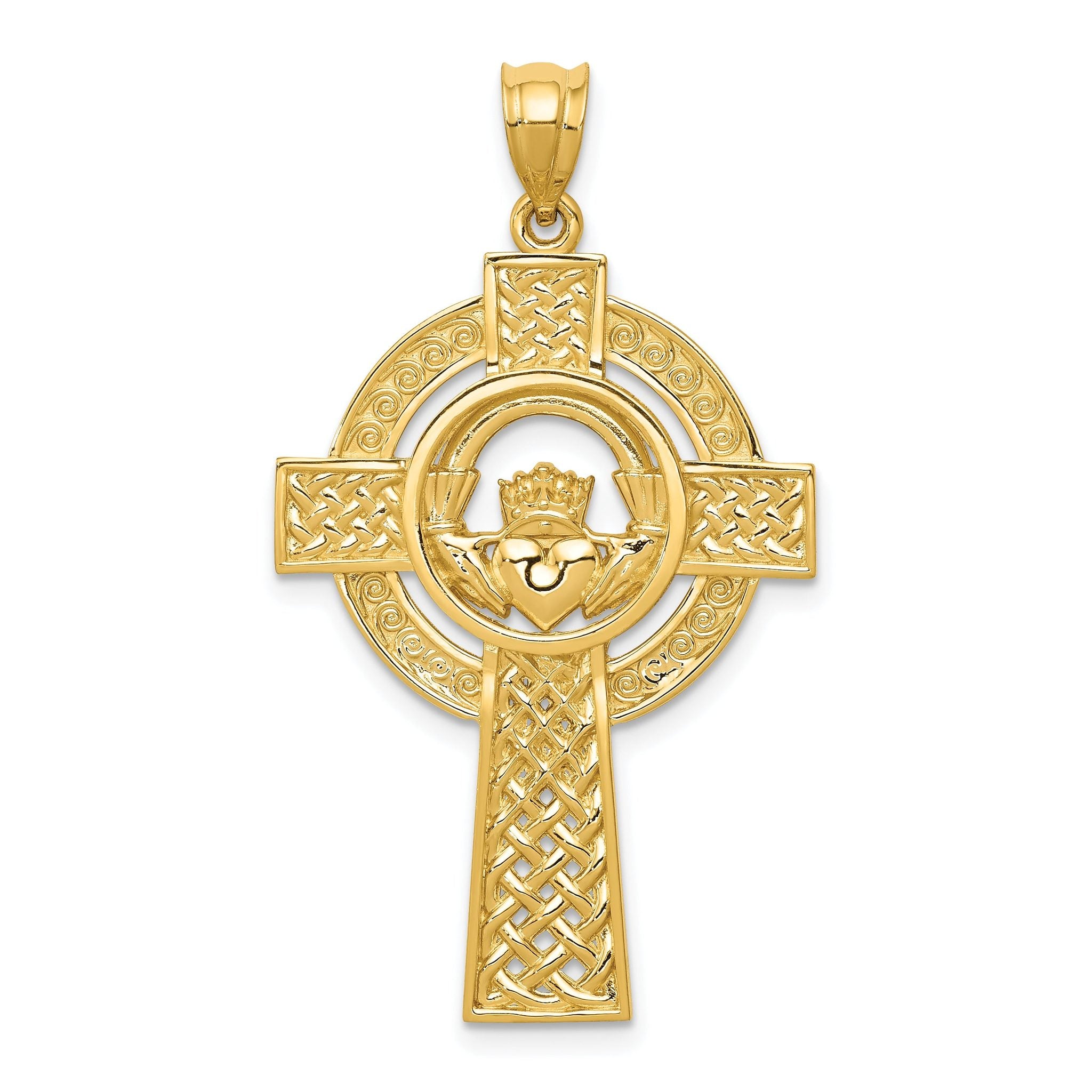 14K Gold Celtic Claddagh Cross Pendant with Polished Solid Design Main image