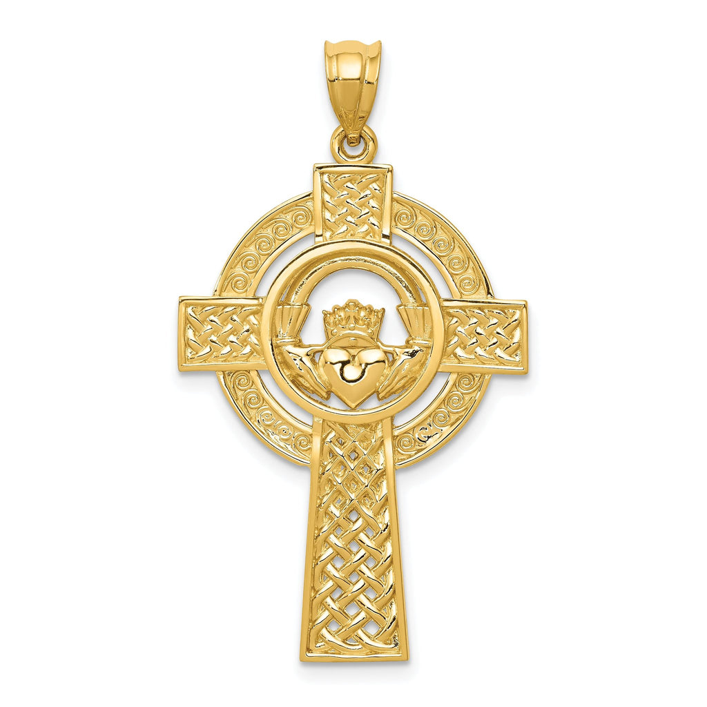 14K Gold Celtic Claddagh Cross Pendant with Polished Solid Design