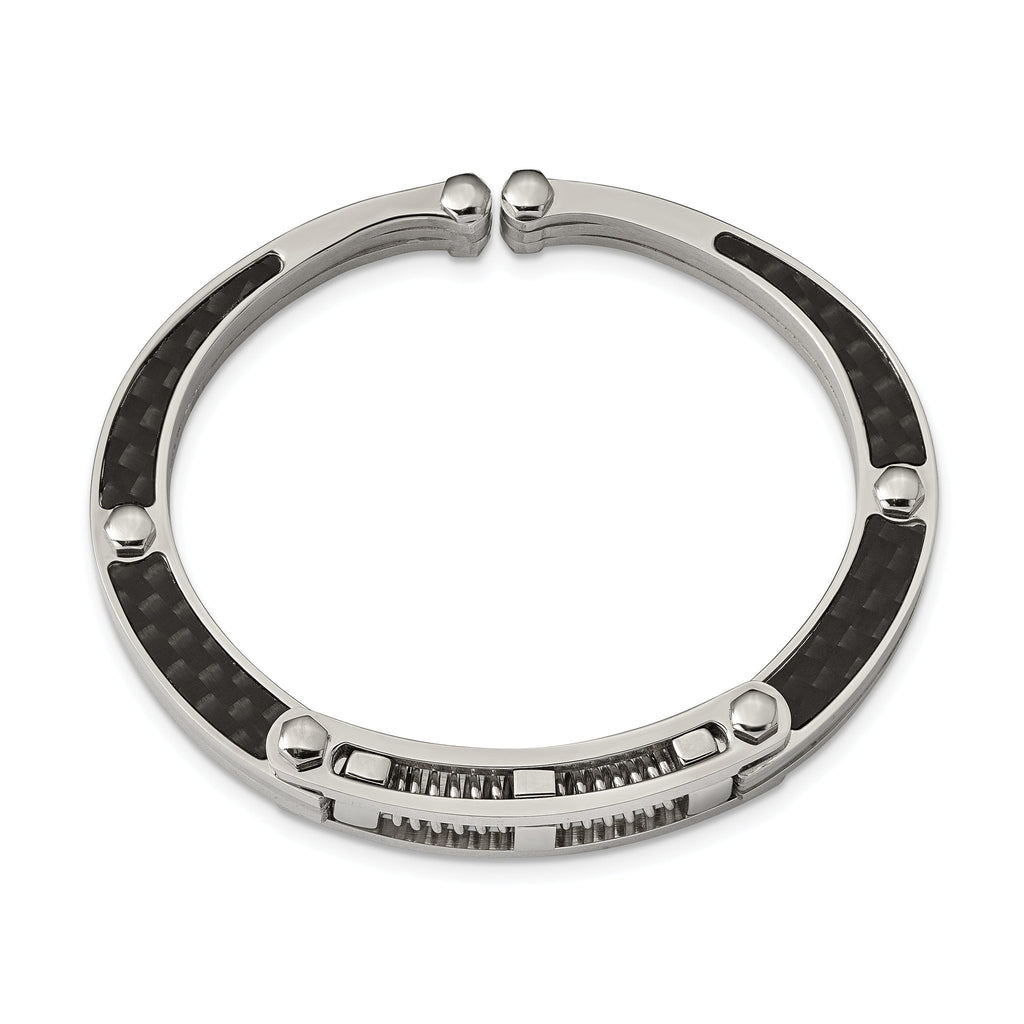 Stainless Steel Brushed and Polished with Black Carbon Fiber Inlay Hinged Bangle Bracelet for Men