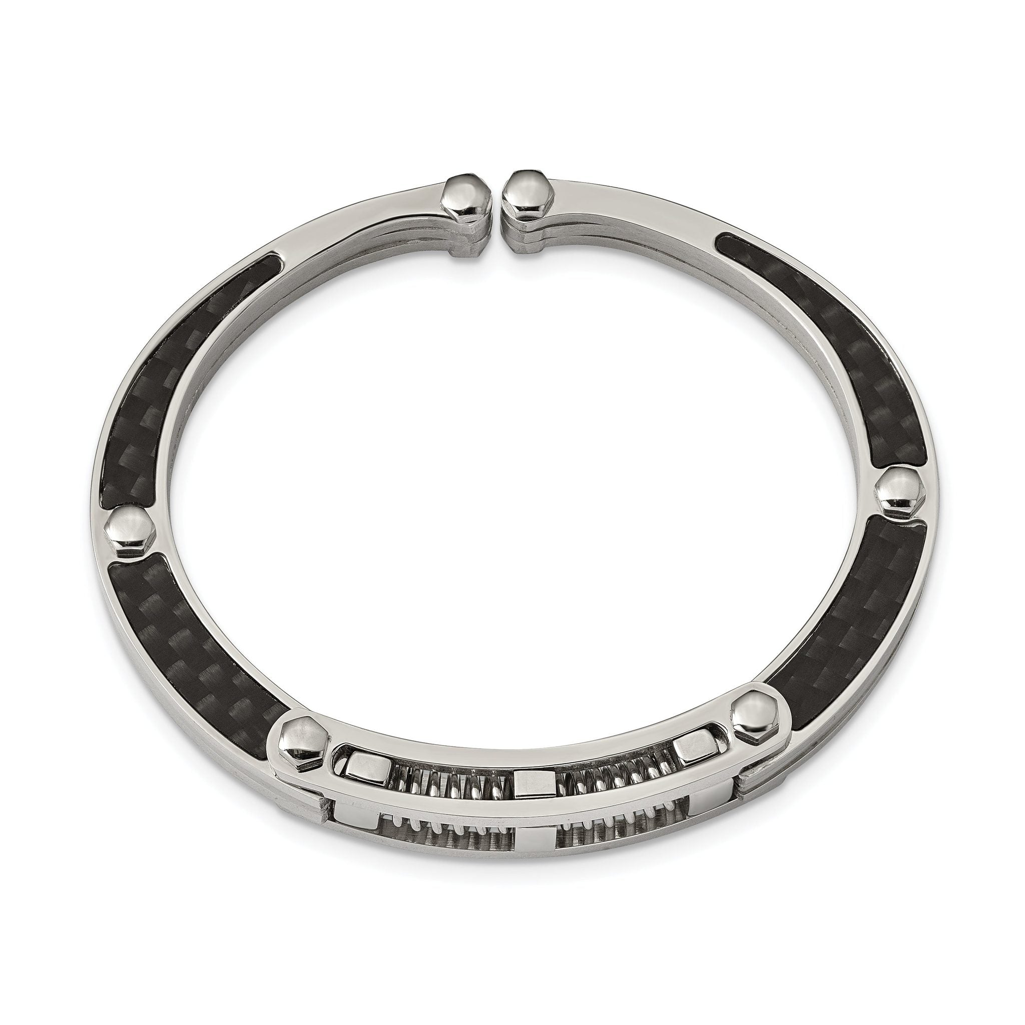 Stainless Steel Brushed and Polished with Black Carbon Fiber Inlay Hinged Bangle Bracelet for Men