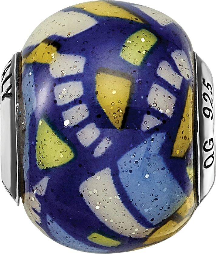 Sterling Silver Glass Bead with Multicolor Glitter Overlay Elegant Antiqued Finish