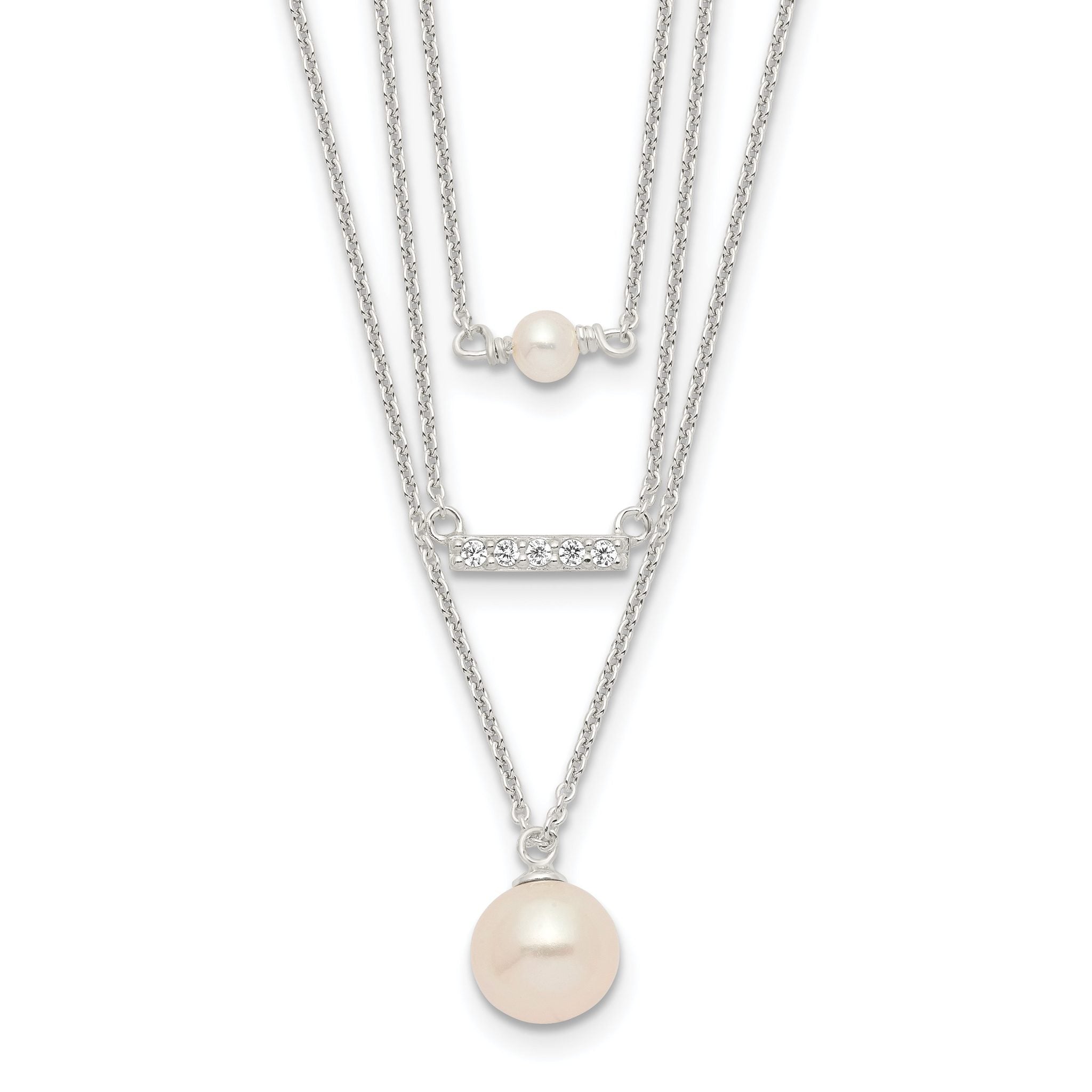 Sterling Silver Rhodium-Rhodium-Plated Multi Strand CZ and Glass Pearl Necklace