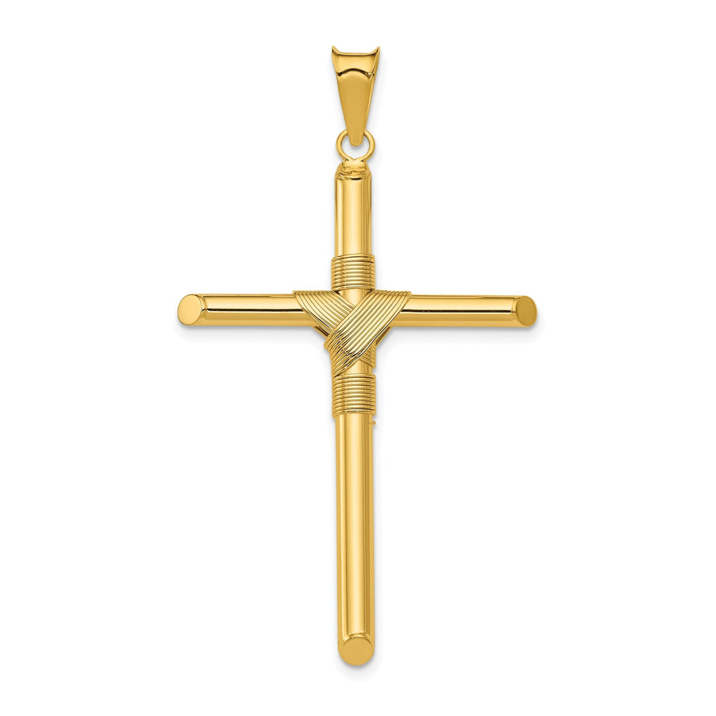 14K Gold Polished Cross Pendant with 3D Center Wrap Design