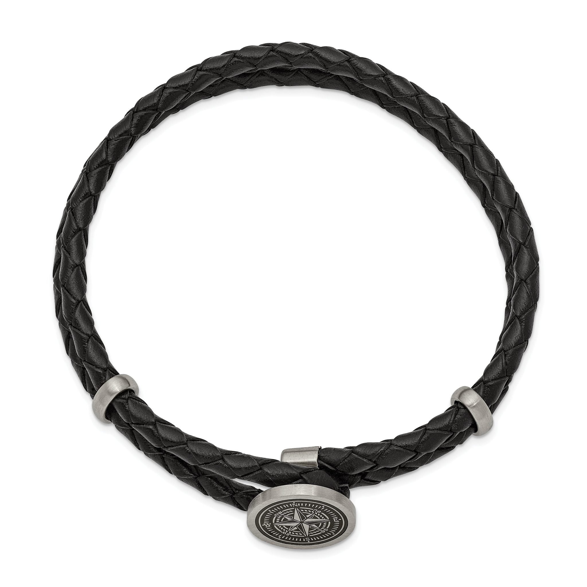Stainless Steel Brushed Laser Design Compass Black Woven Leather Bracelet for Men Secondary image