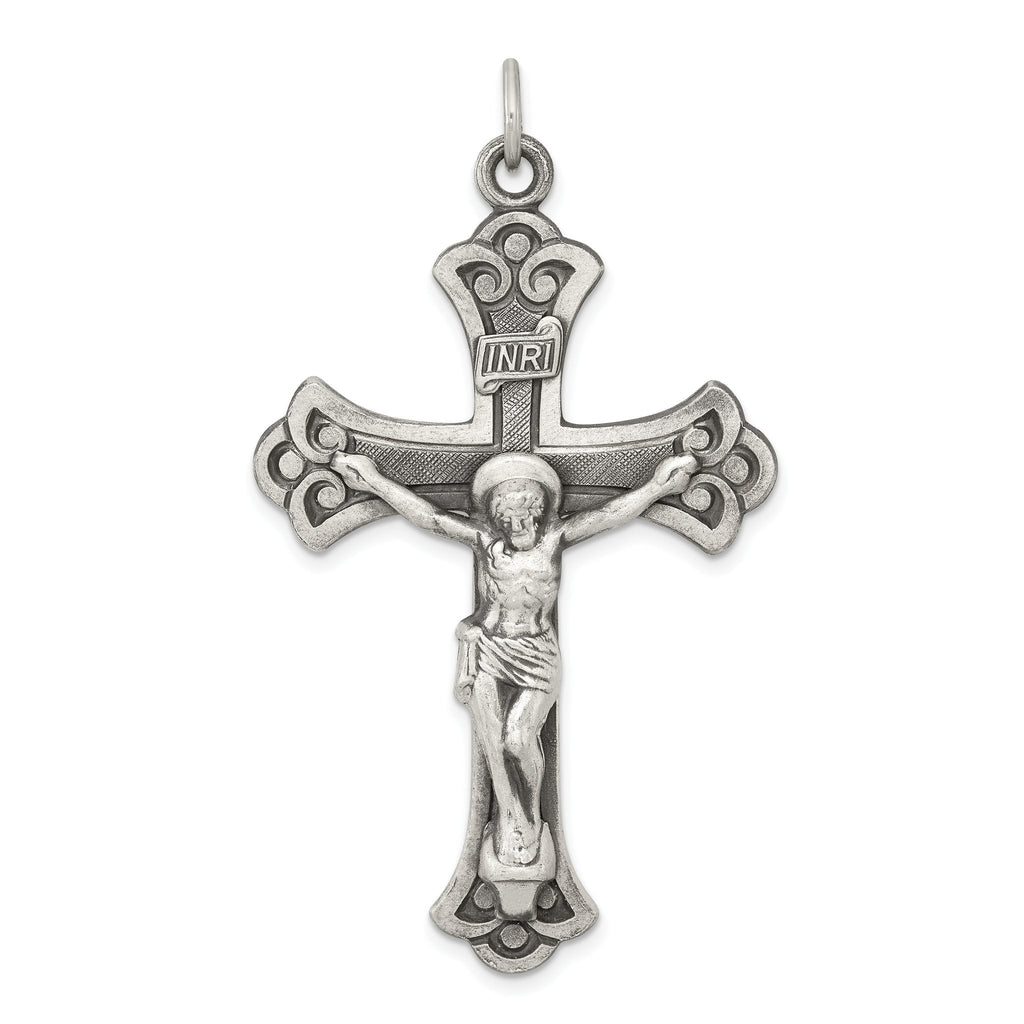 Sterling Silver 925 INRI Crucifix Pendant with Antiqued Polished Finish